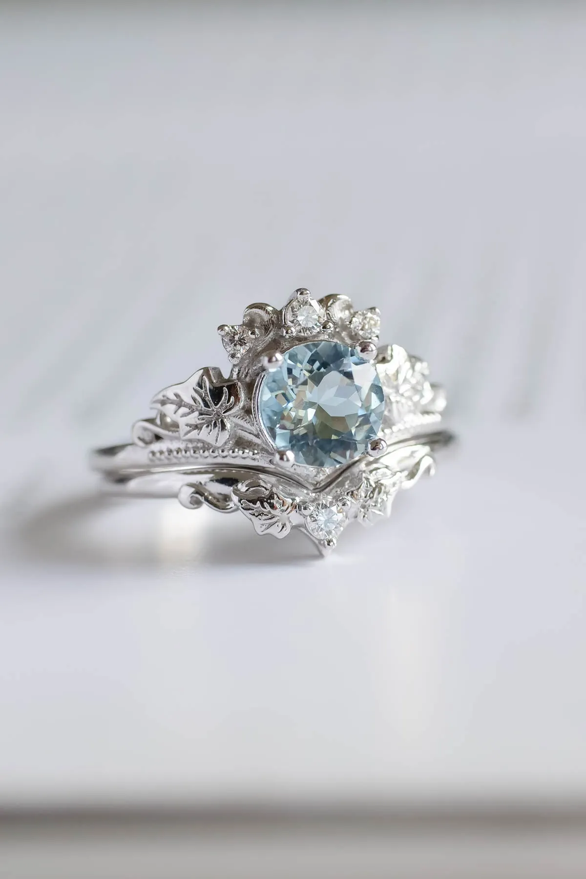 1 carat aquamarine engagement ring set, tiara shape gold ring with diamonds / Ariadne