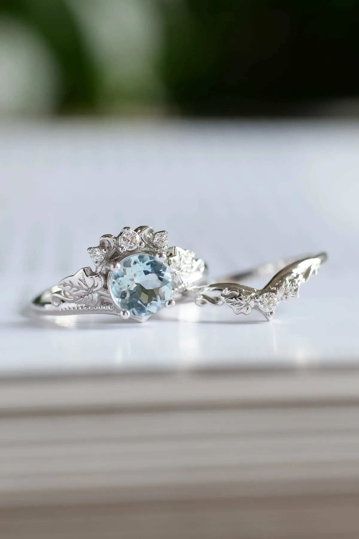 1 carat aquamarine engagement ring set, tiara shape gold ring with diamonds / Ariadne