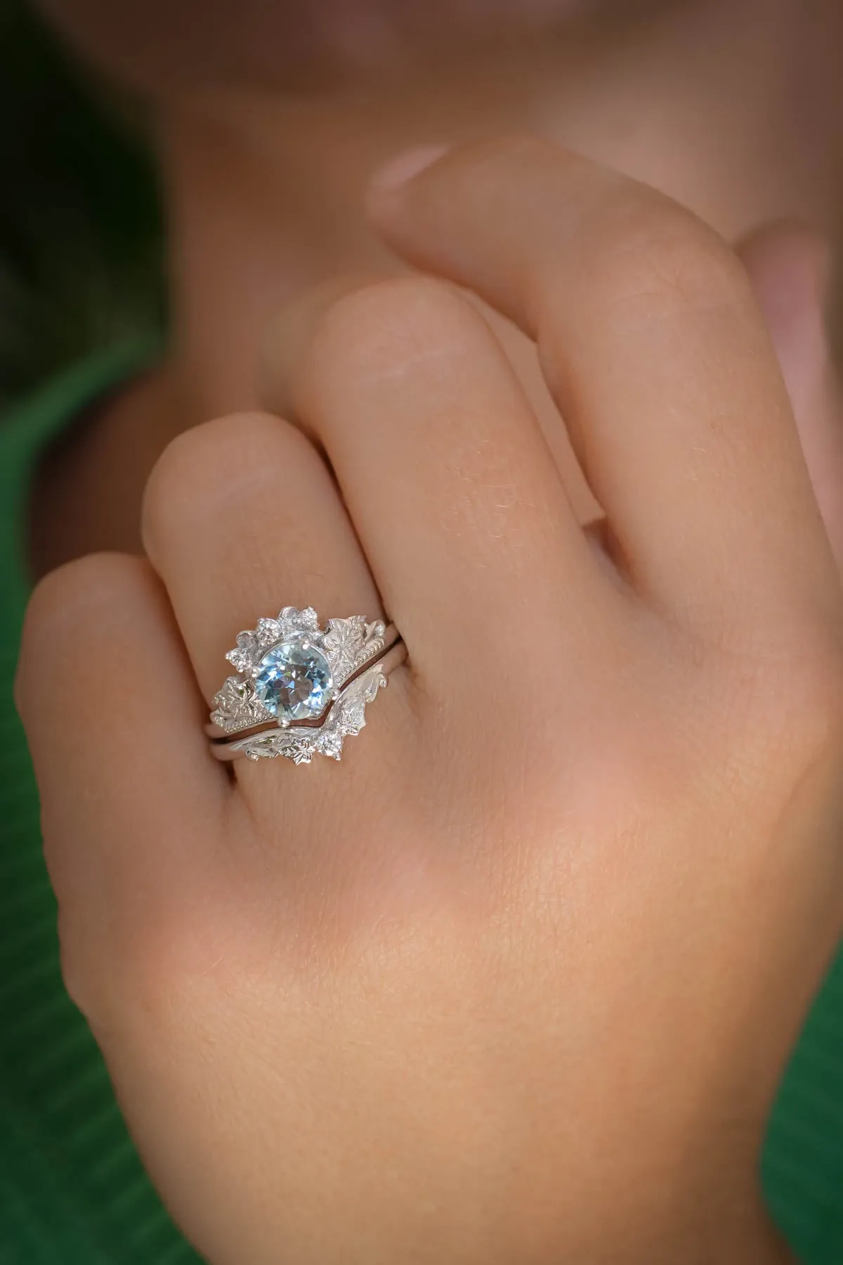 1 carat aquamarine engagement ring set, tiara shape gold ring with diamonds / Ariadne
