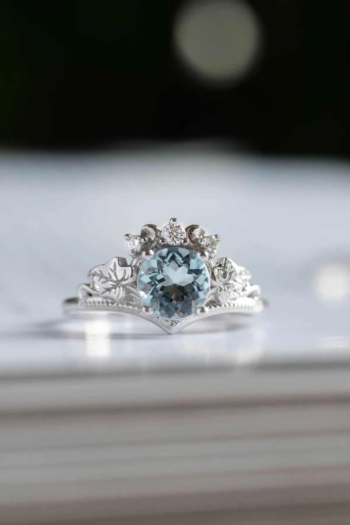 1 carat aquamarine engagement ring set, tiara shape gold ring with diamonds / Ariadne