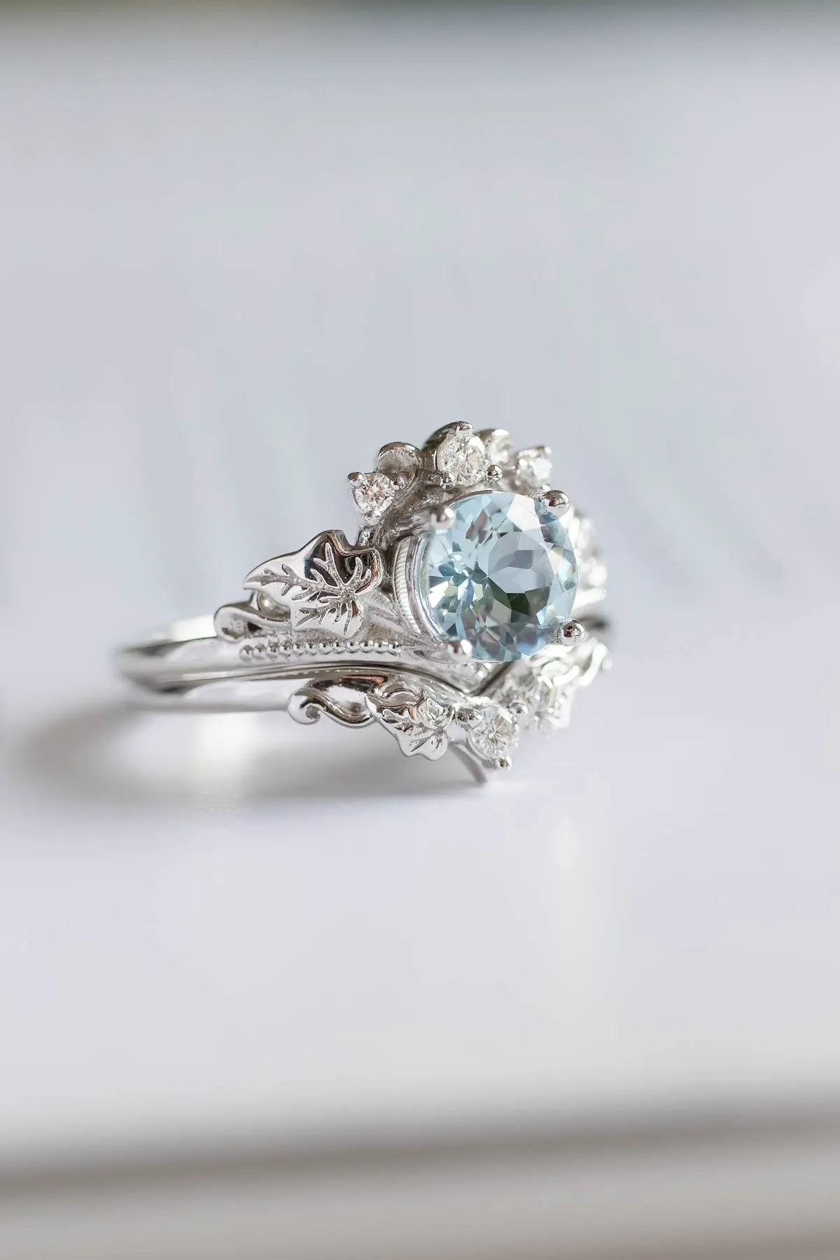 1 carat aquamarine engagement ring set, tiara shape gold ring with diamonds / Ariadne