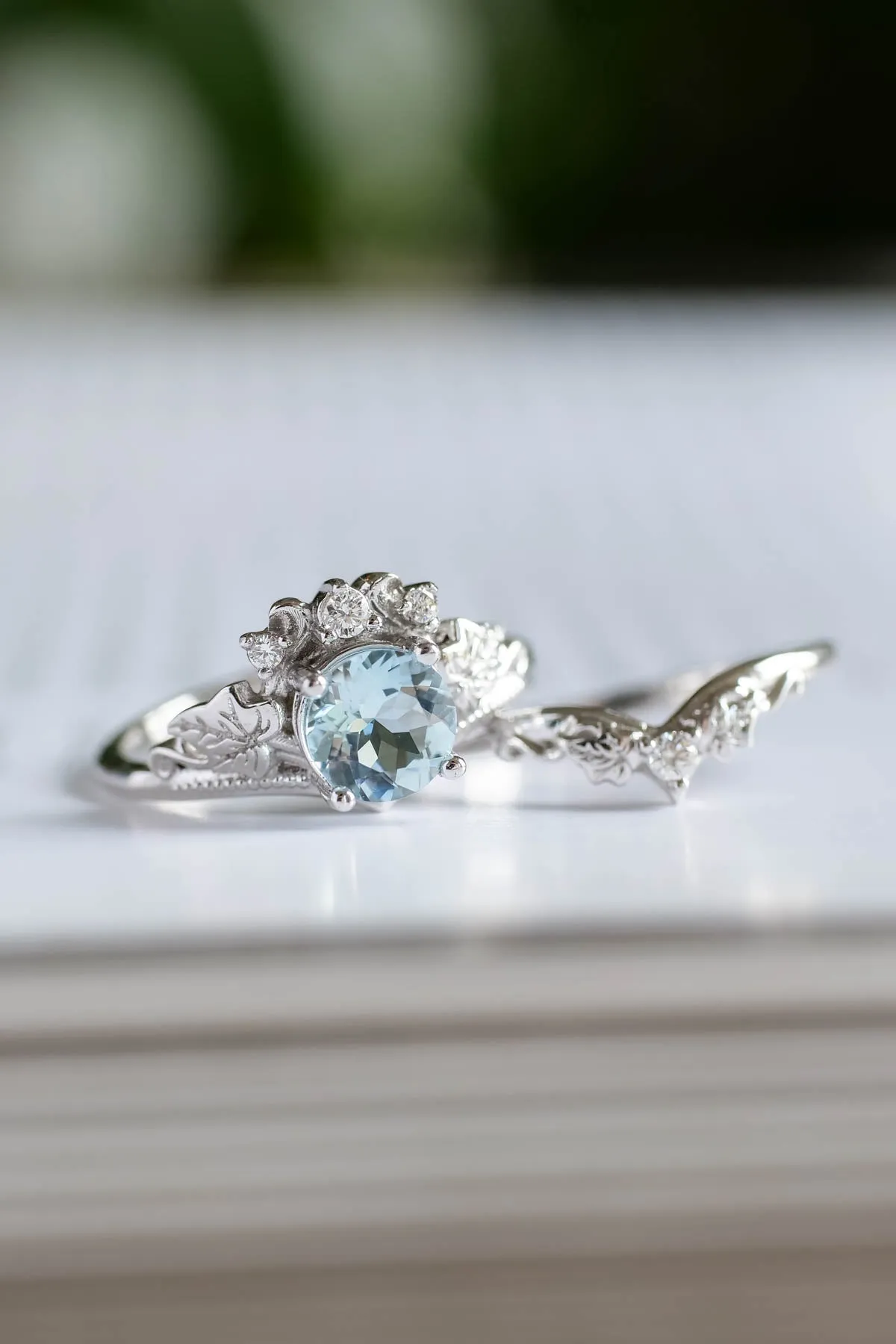 1 carat aquamarine engagement ring set, tiara shape gold ring with diamonds / Ariadne