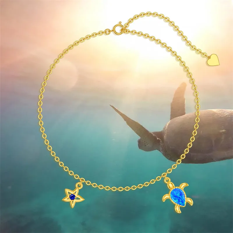 14K Gold Sea Turtle Anklet for Women  Layered Ankle Bracelet Real Gold Beach Foot Jewelry for Her