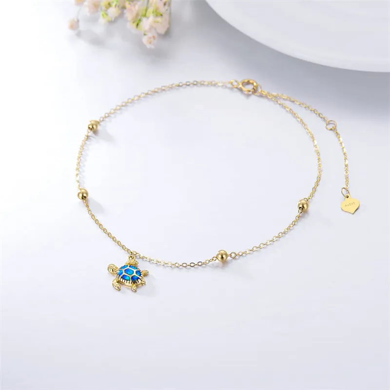 14K Gold Sea Turtle Anklet for Women  Layered Ankle Bracelet Real Gold Beach Foot Jewelry for Her