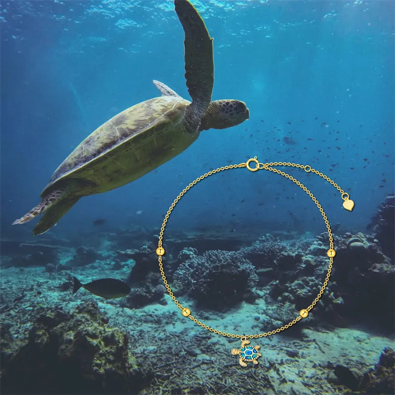 14K Gold Sea Turtle Anklet for Women  Layered Ankle Bracelet Real Gold Beach Foot Jewelry for Her