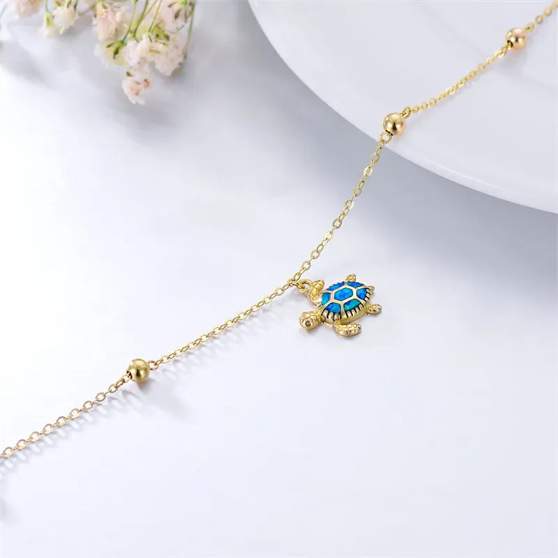 14K Gold Sea Turtle Anklet for Women  Layered Ankle Bracelet Real Gold Beach Foot Jewelry for Her