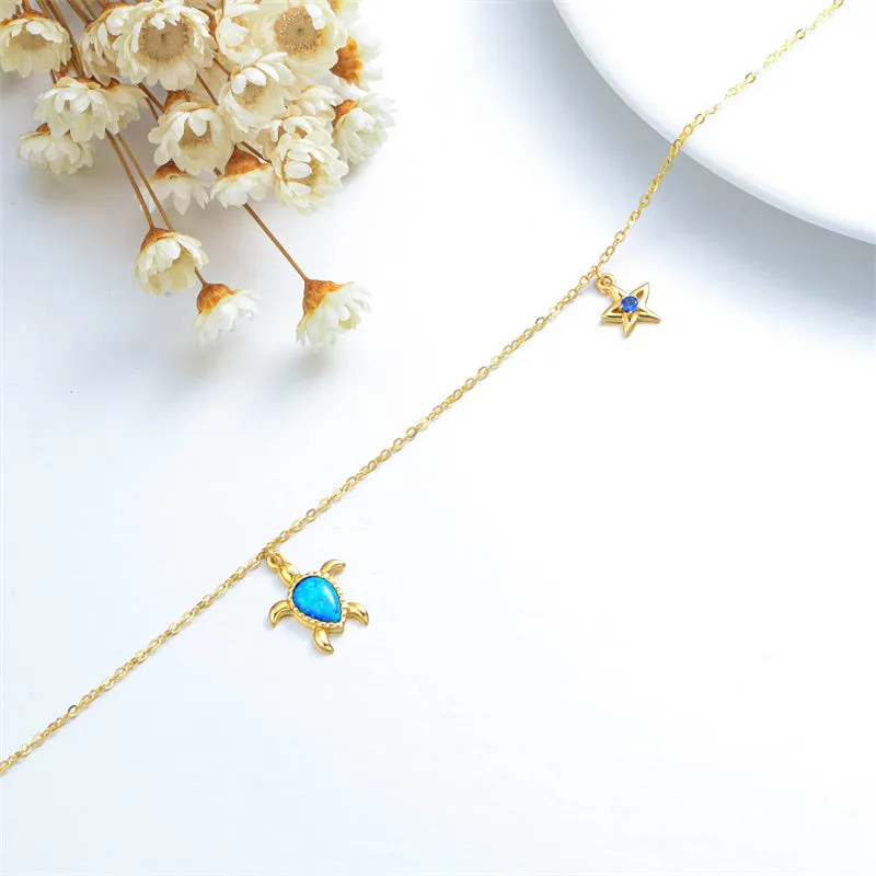 14K Gold Sea Turtle Anklet for Women  Layered Ankle Bracelet Real Gold Beach Foot Jewelry for Her