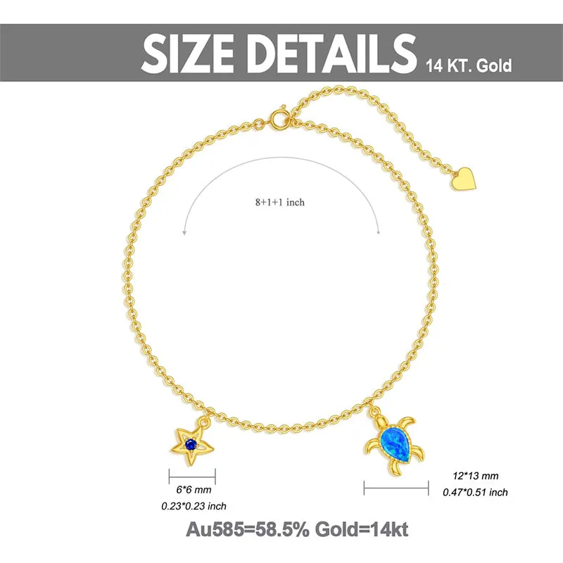 14K Gold Sea Turtle Anklet for Women  Layered Ankle Bracelet Real Gold Beach Foot Jewelry for Her