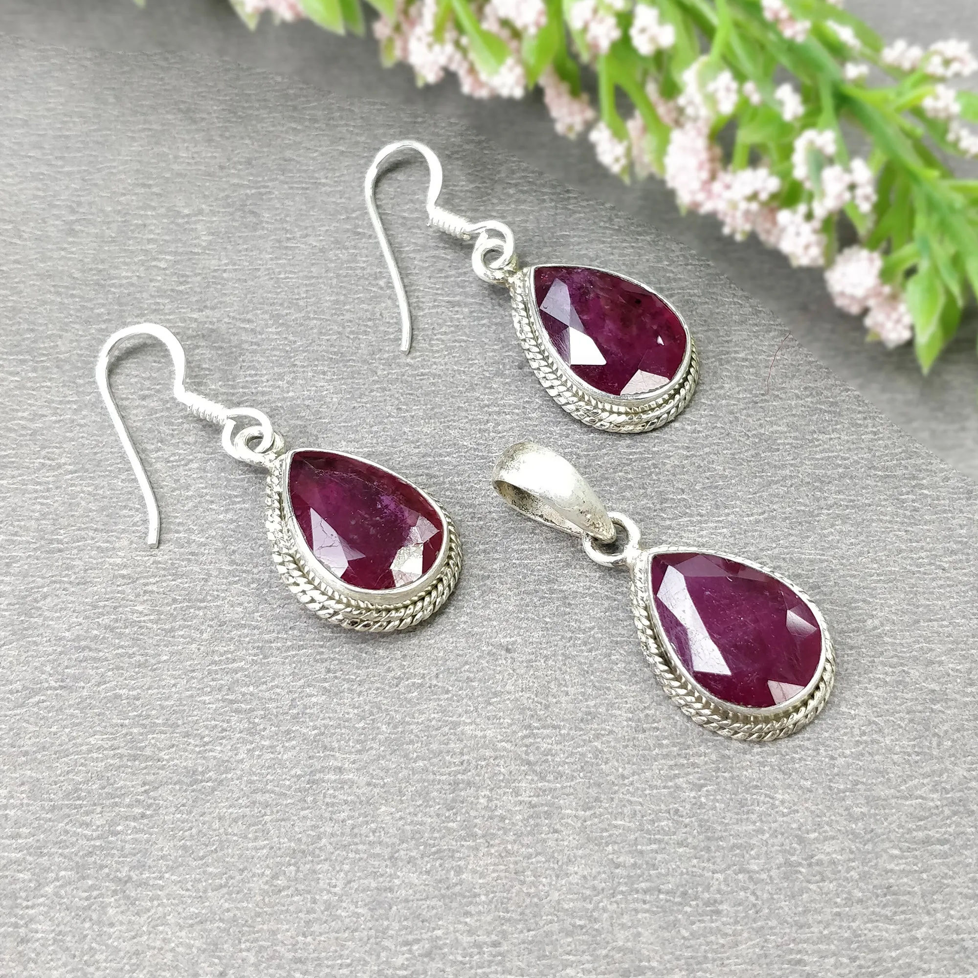 925 Sterling Silver Jewelry : Natural Glass Filled Ruby Gemstone Pear Shape Bezel Set Pendant Earring Jewelry Set For Women