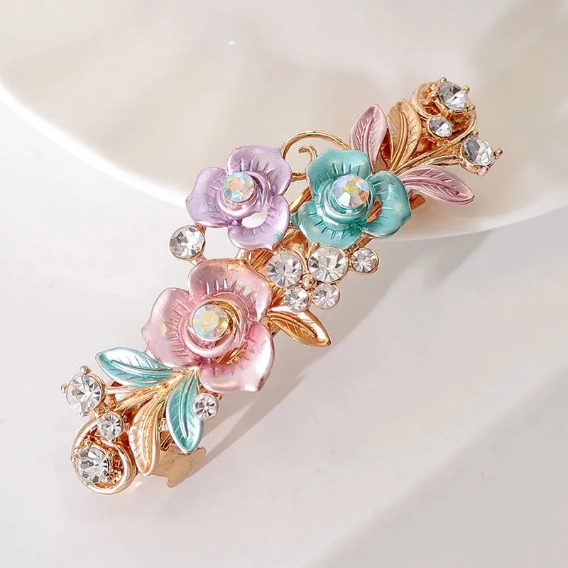 Alloy Rhinestone Hairpin Women's Flower Hairpin Baking Lacquer Craft Antique Plant Flower Flower Spring Clip Hair Accessories