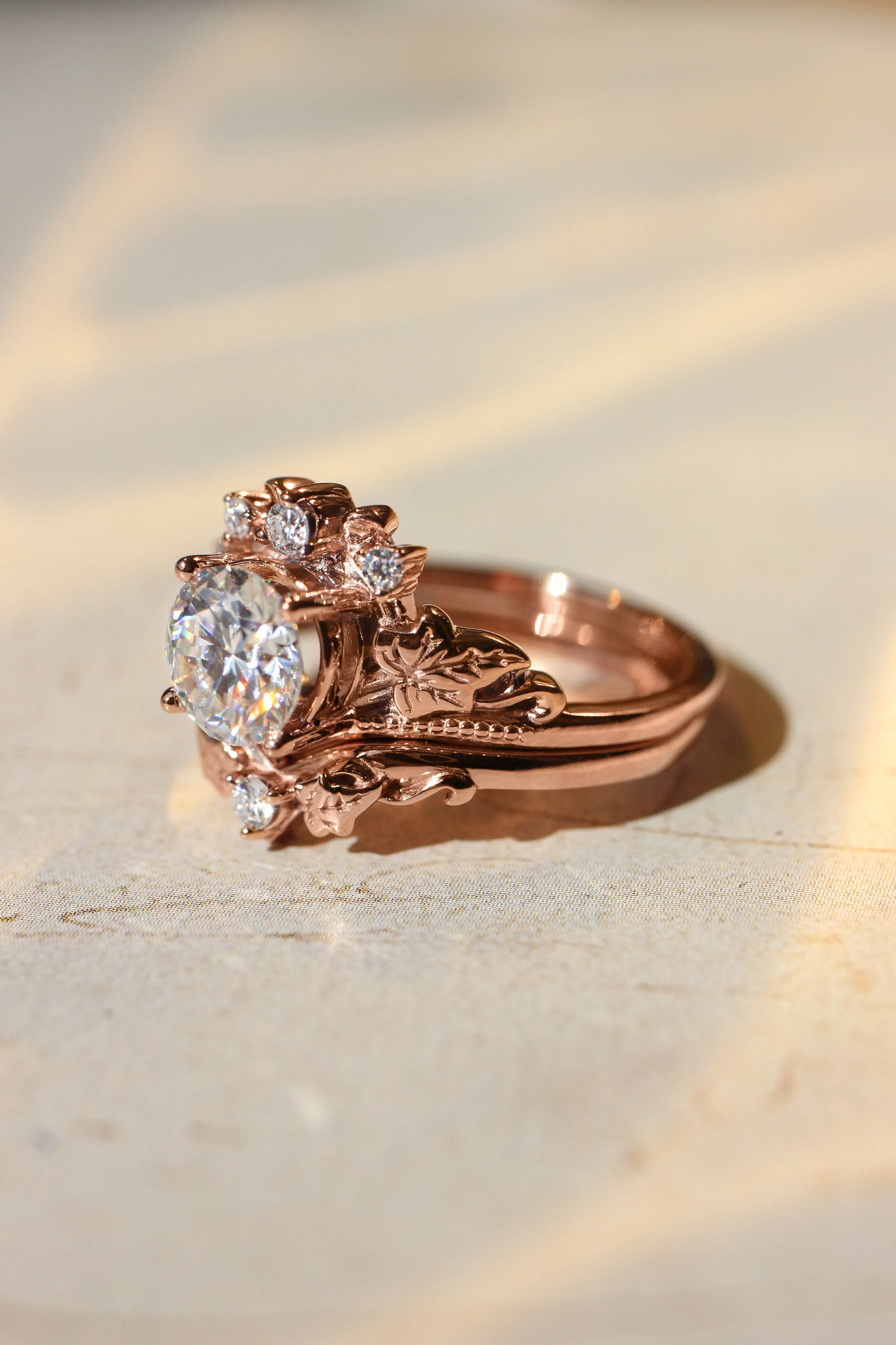 Bridal ring set with 1 carat lab grown diamond, tiara shape engagement ring in rose gold / Ariadne