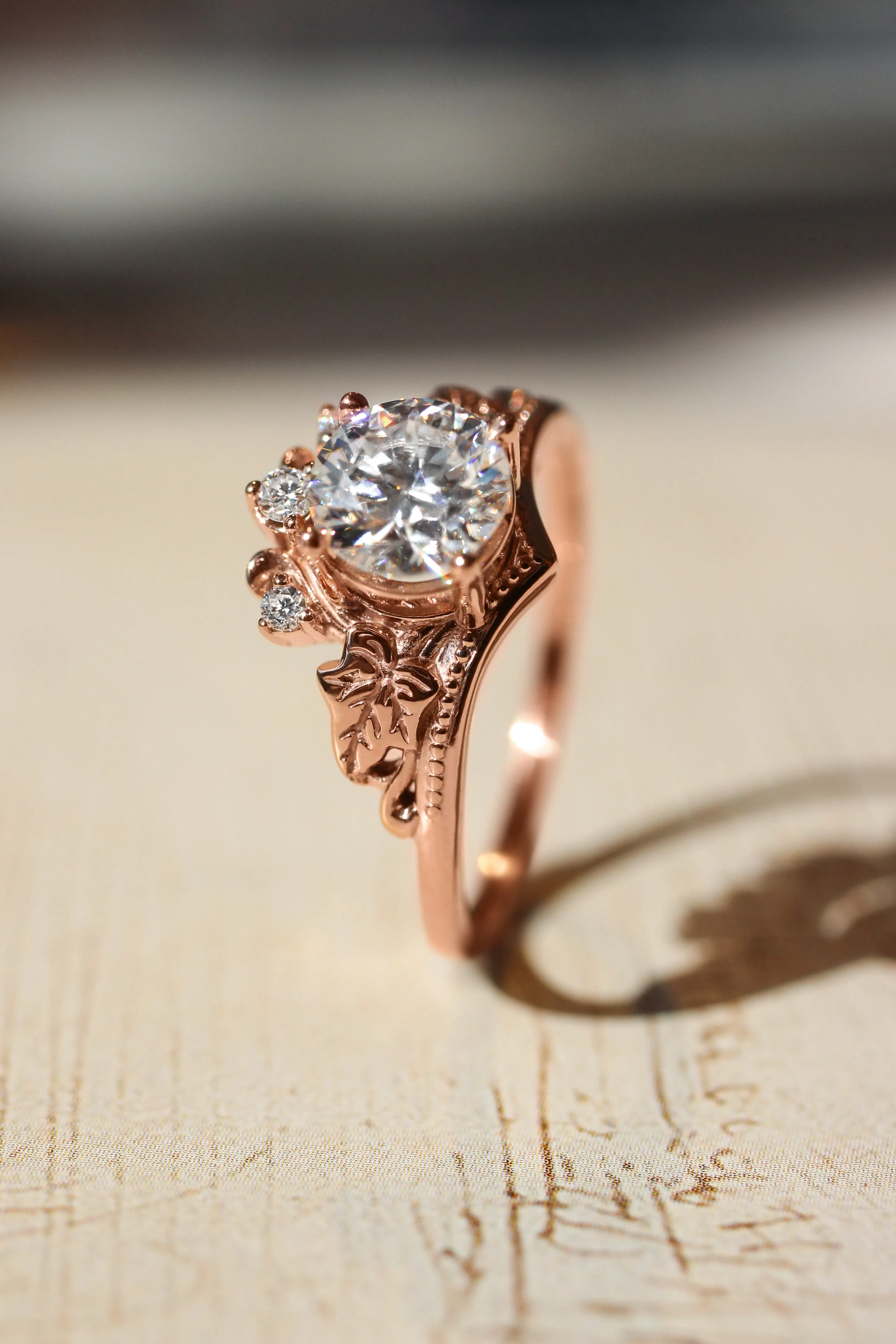 Bridal ring set with 1 carat lab grown diamond, tiara shape engagement ring in rose gold / Ariadne