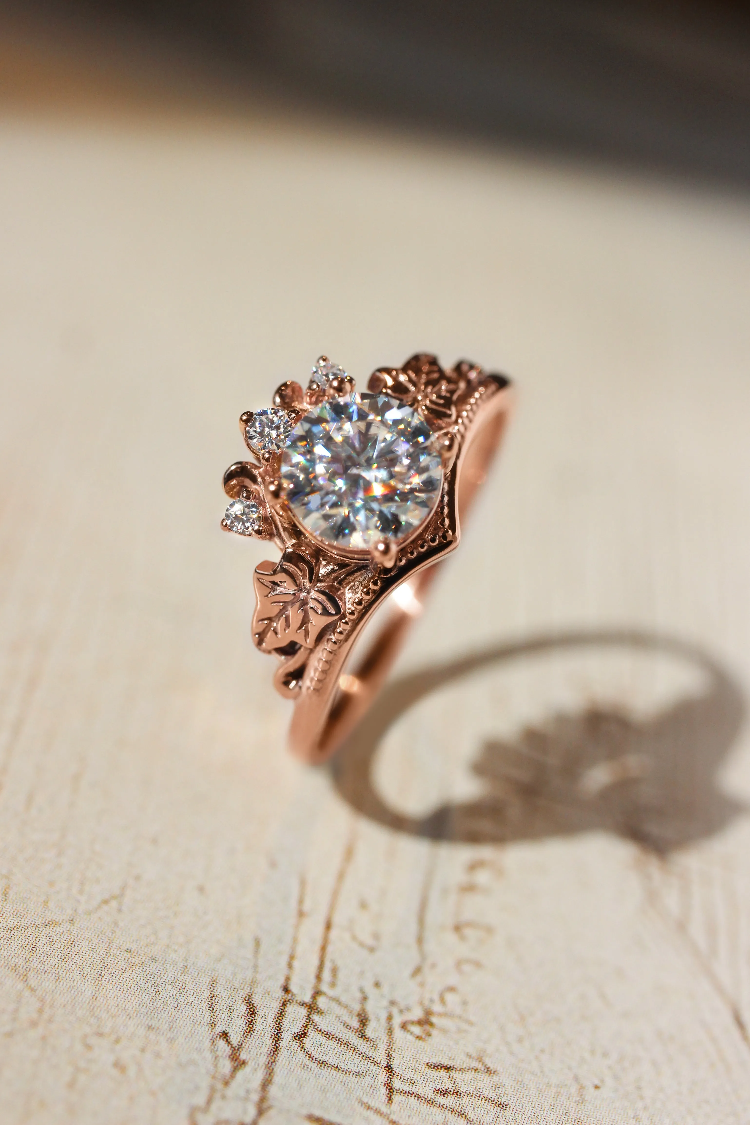 Bridal ring set with 1 carat lab grown diamond, tiara shape engagement ring in rose gold / Ariadne