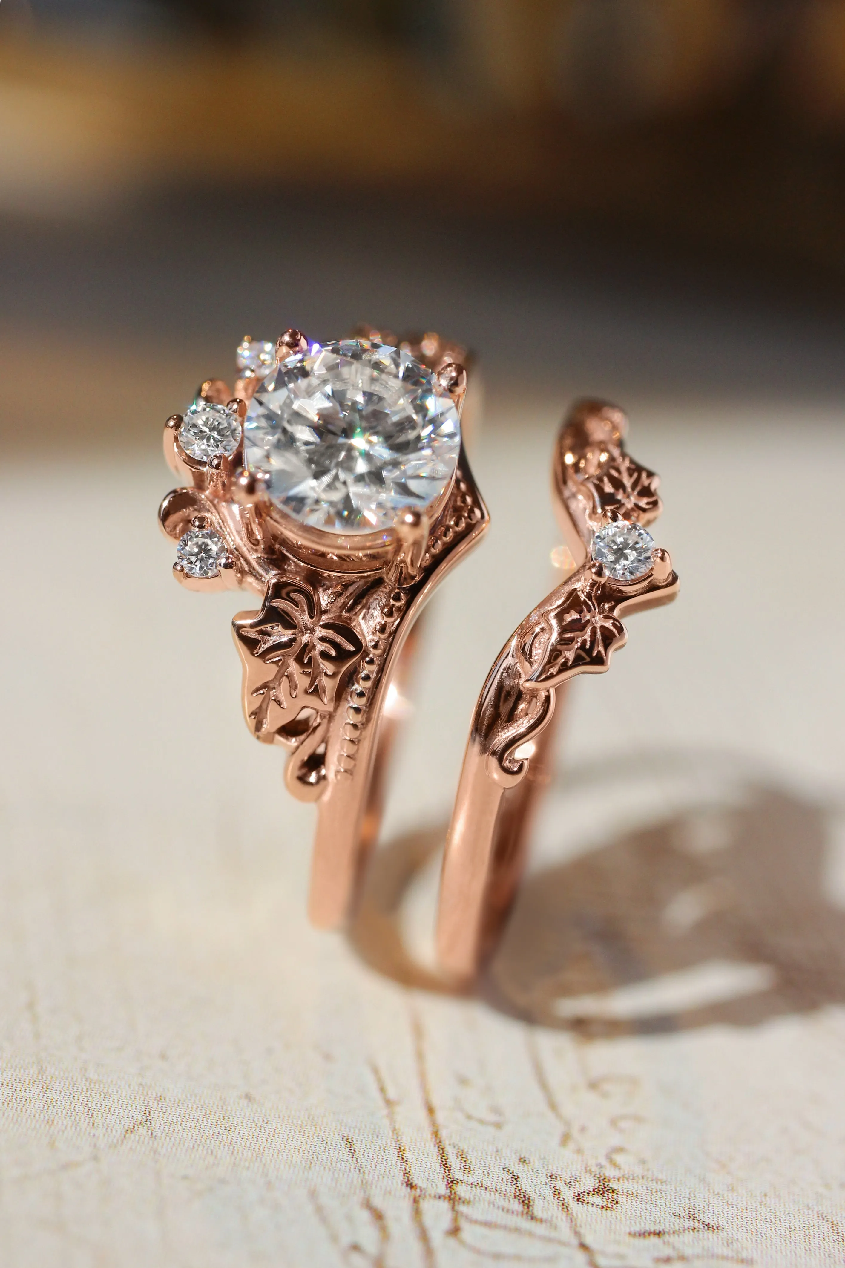 Bridal ring set with 1 carat lab grown diamond, tiara shape engagement ring in rose gold / Ariadne