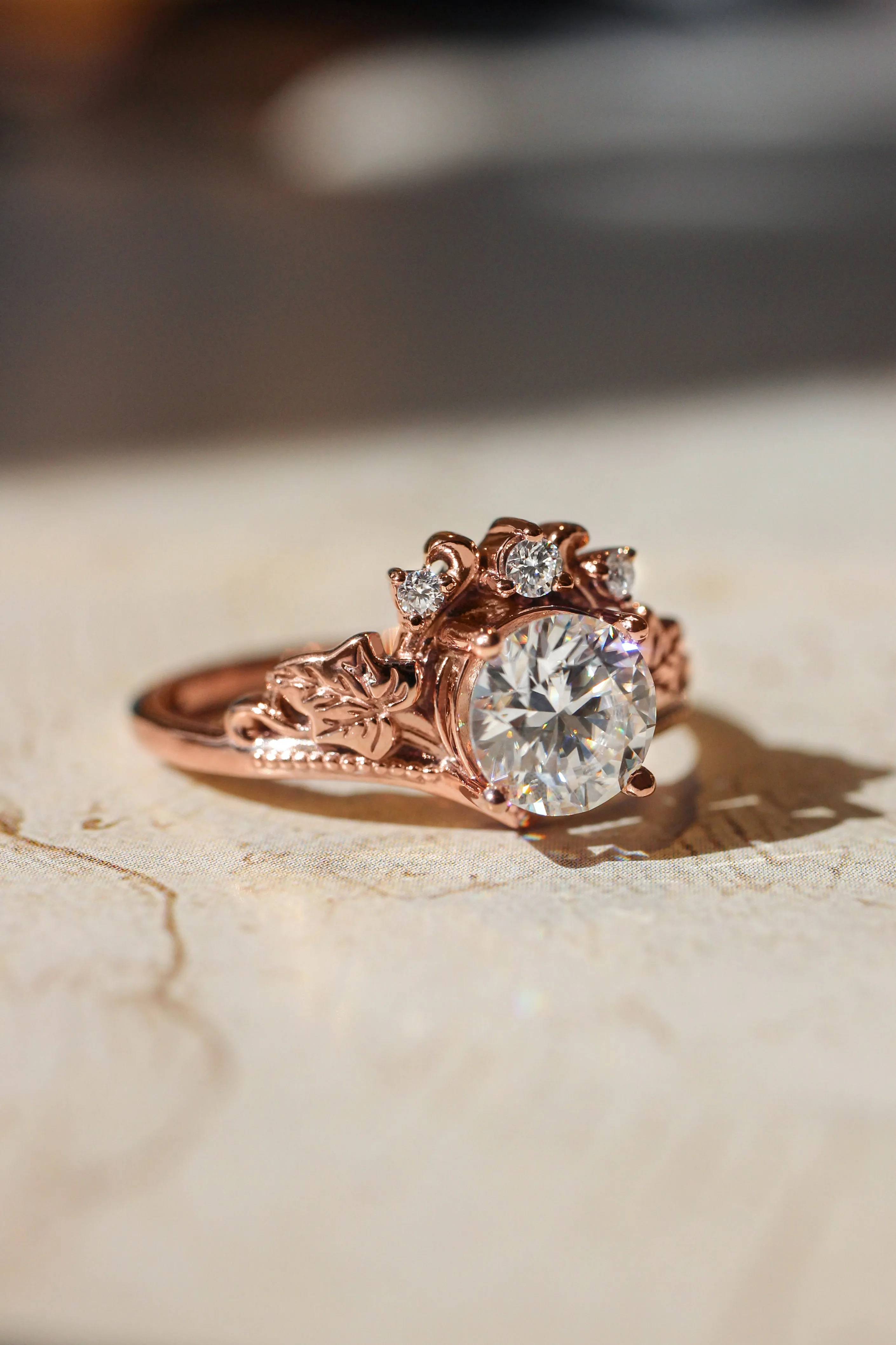 Bridal ring set with 1 carat lab grown diamond, tiara shape engagement ring in rose gold / Ariadne