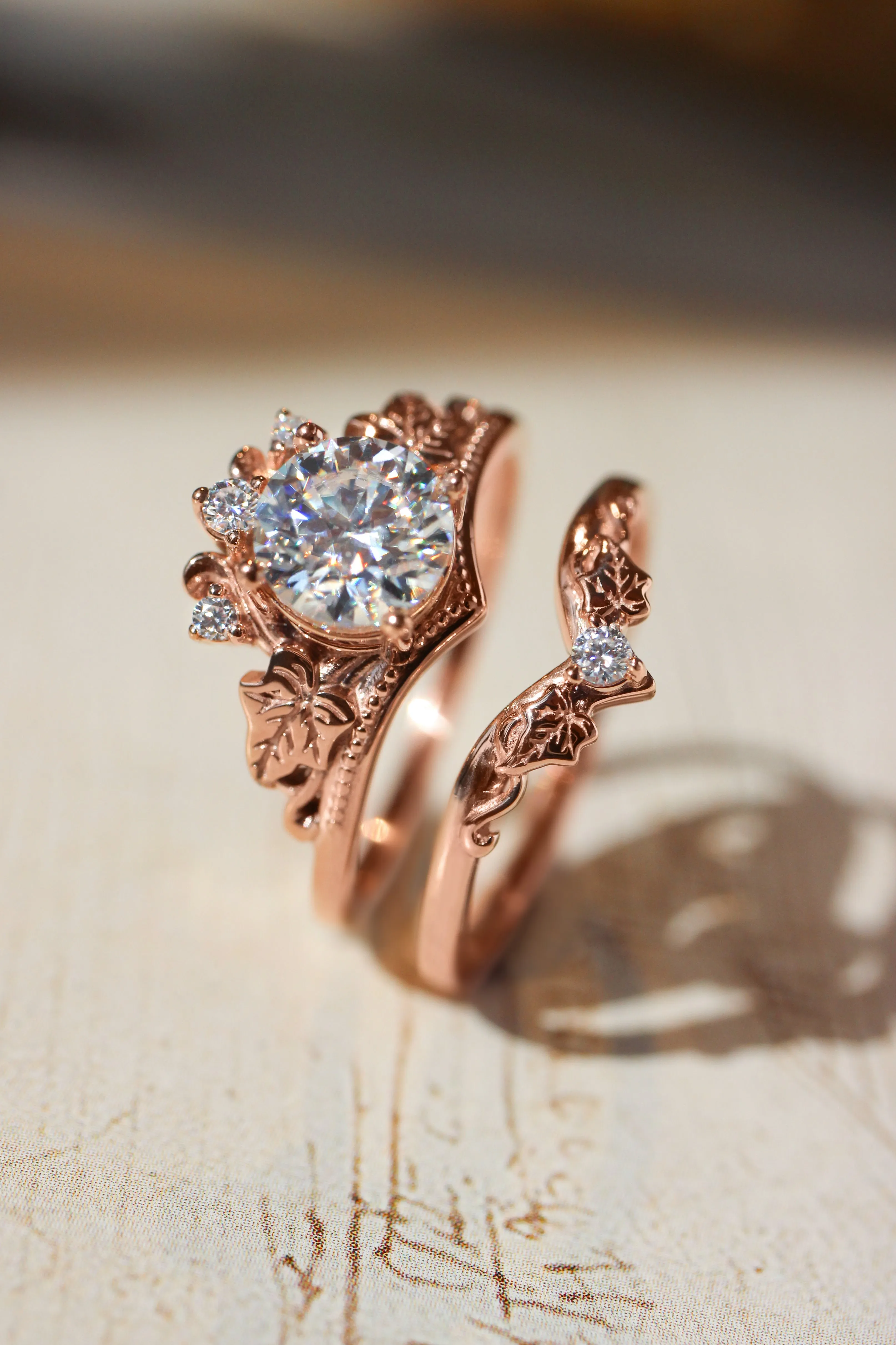 Bridal ring set with 1 carat lab grown diamond, tiara shape engagement ring in rose gold / Ariadne