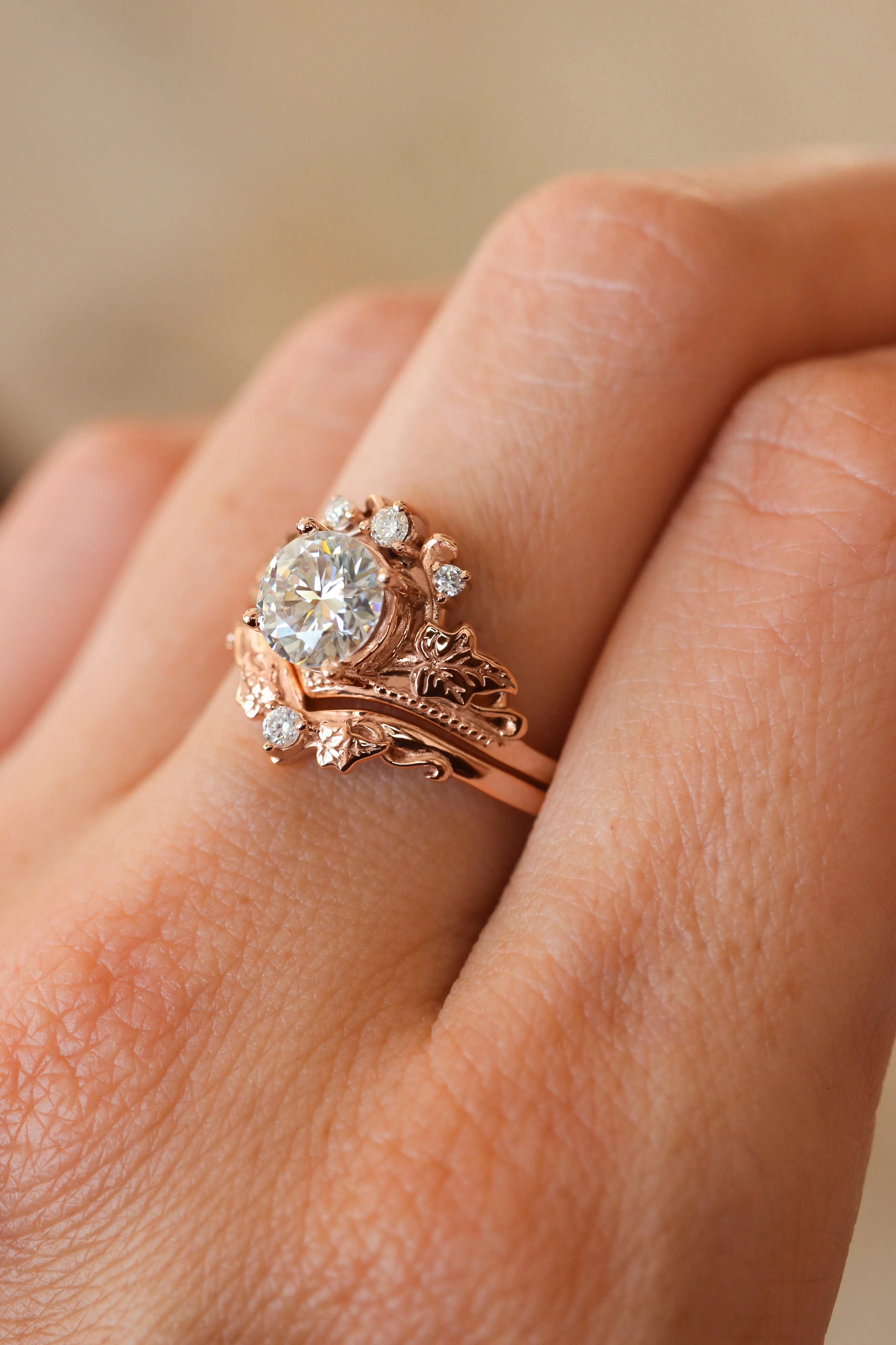 Bridal ring set with 1 carat lab grown diamond, tiara shape engagement ring in rose gold / Ariadne