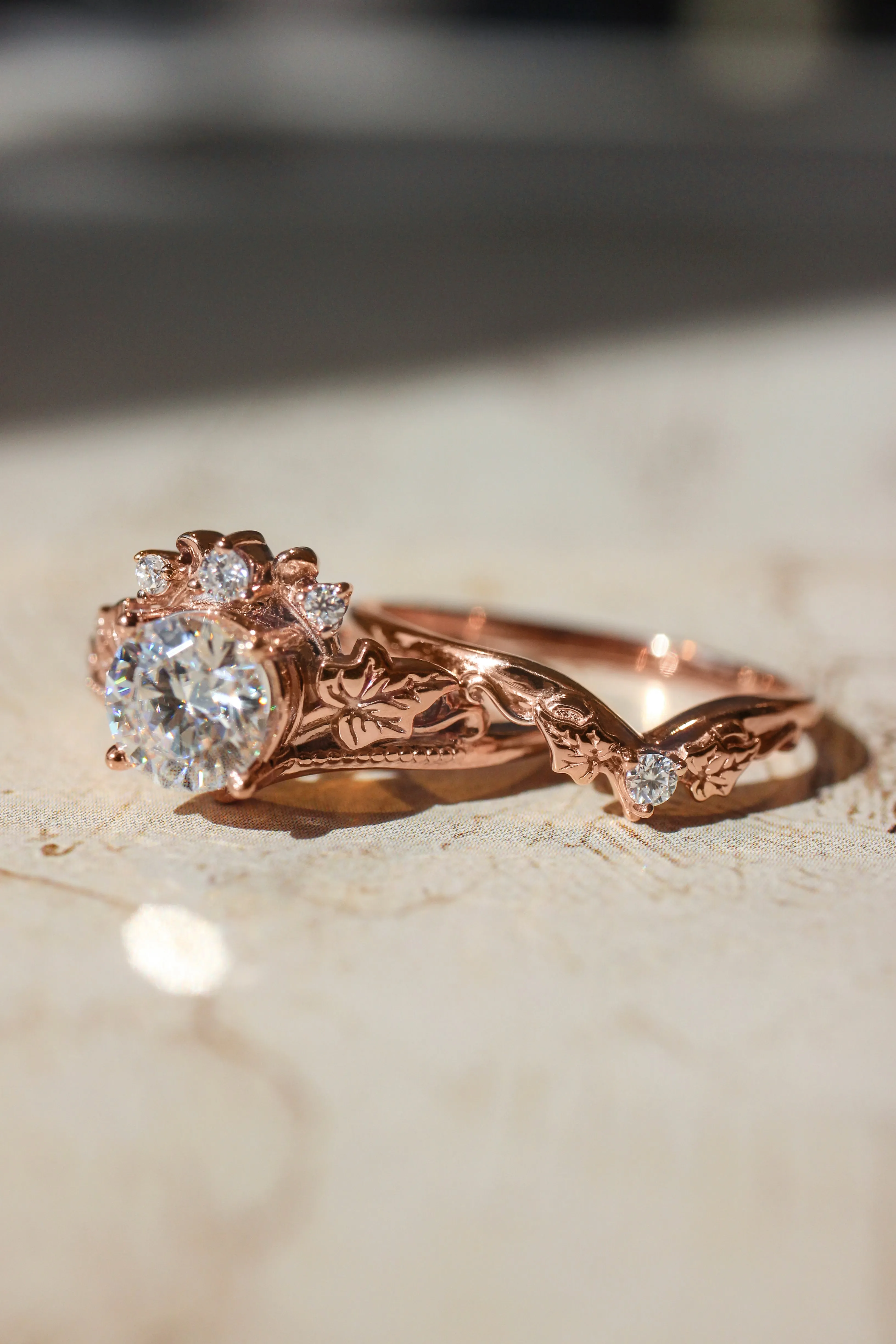 Bridal ring set with 1 carat lab grown diamond, tiara shape engagement ring in rose gold / Ariadne