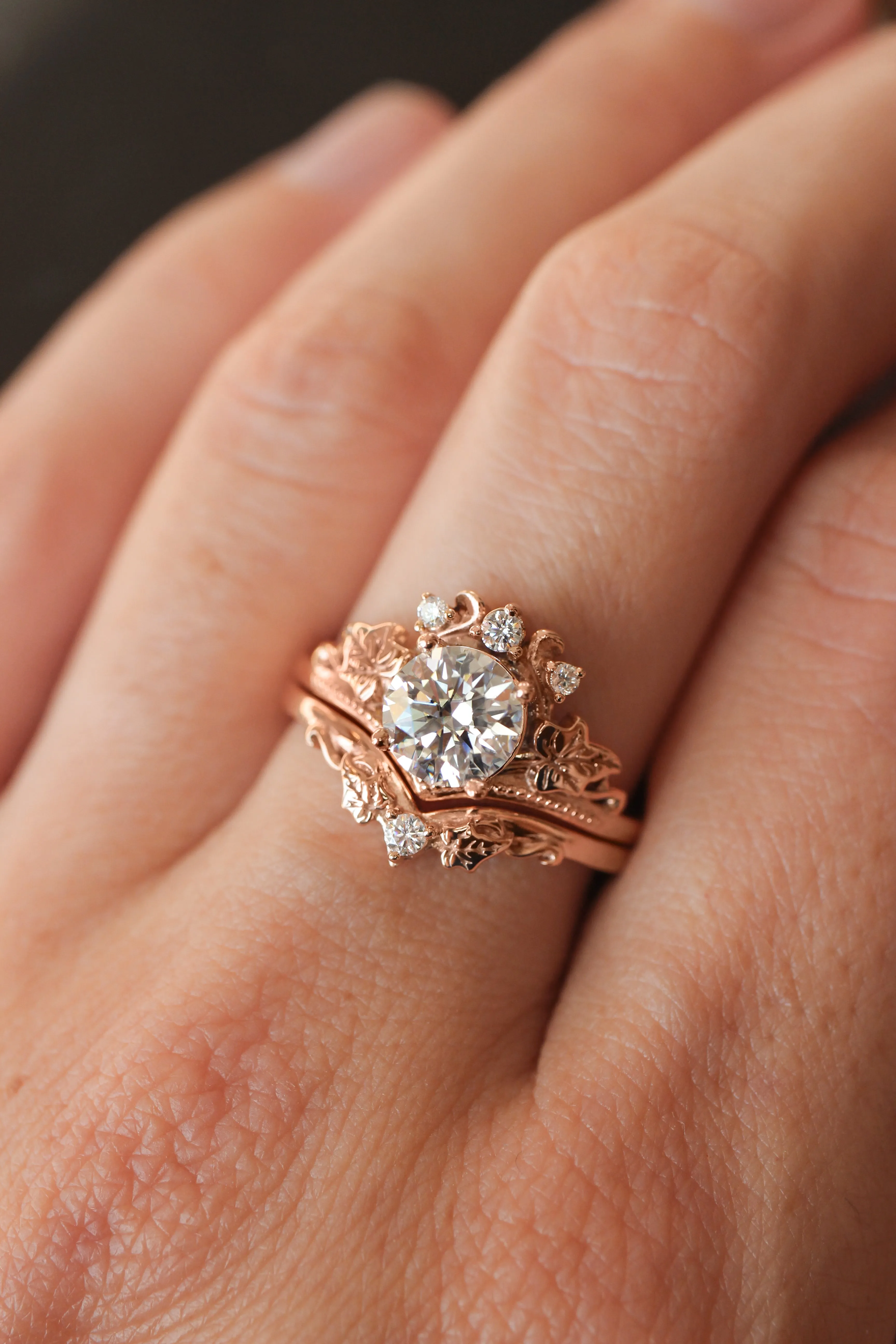 Bridal ring set with 1 carat lab grown diamond, tiara shape engagement ring in rose gold / Ariadne