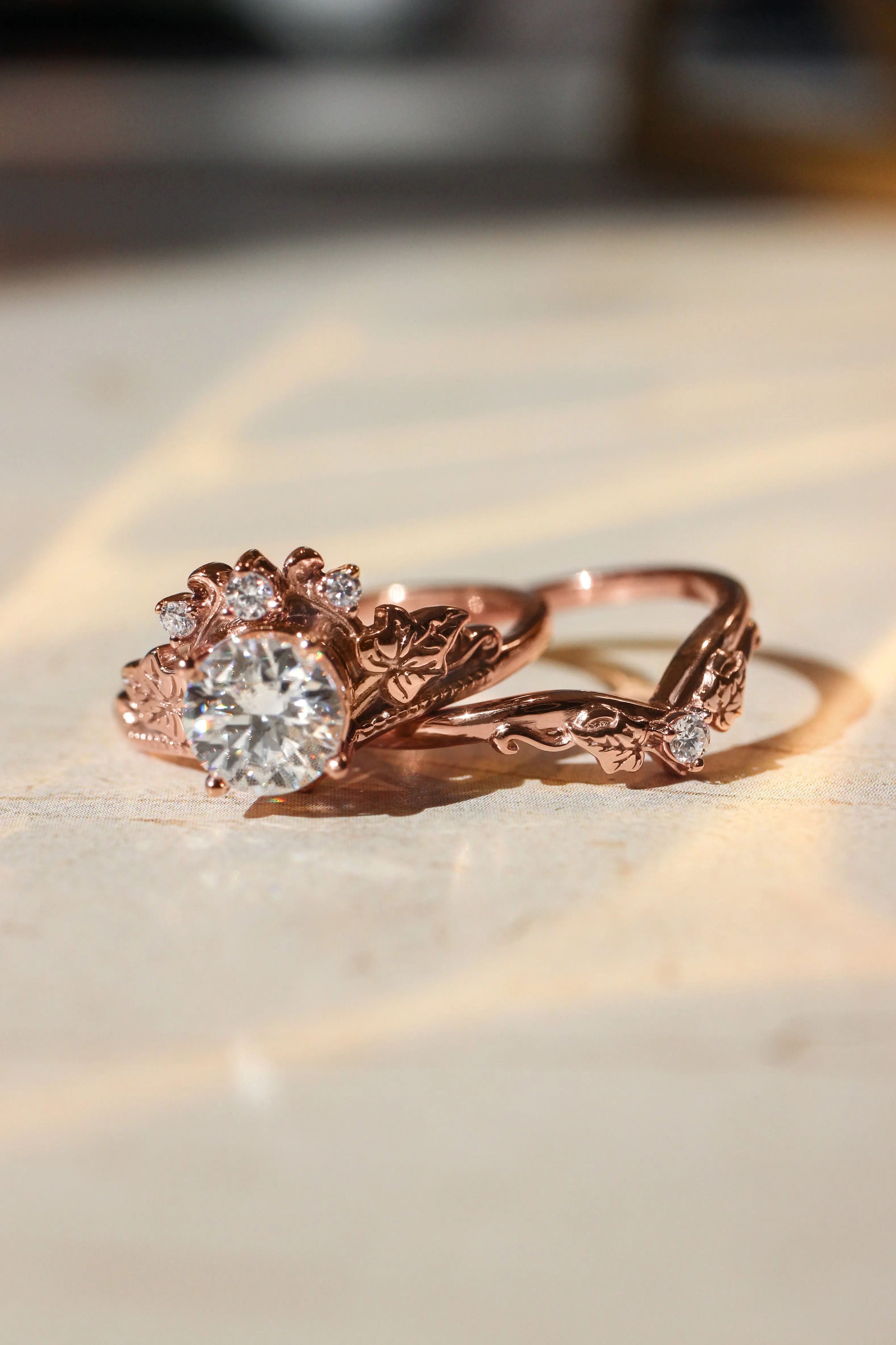 Bridal ring set with 1 carat lab grown diamond, tiara shape engagement ring in rose gold / Ariadne