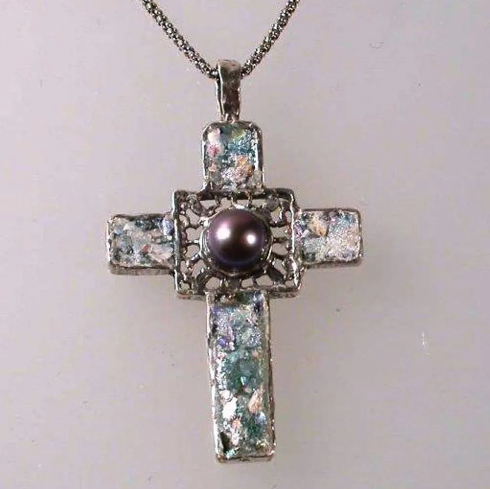 Christian Cross pendant, Sterling Silver Hammered cross, Cross Roman Glass and Gemstones
