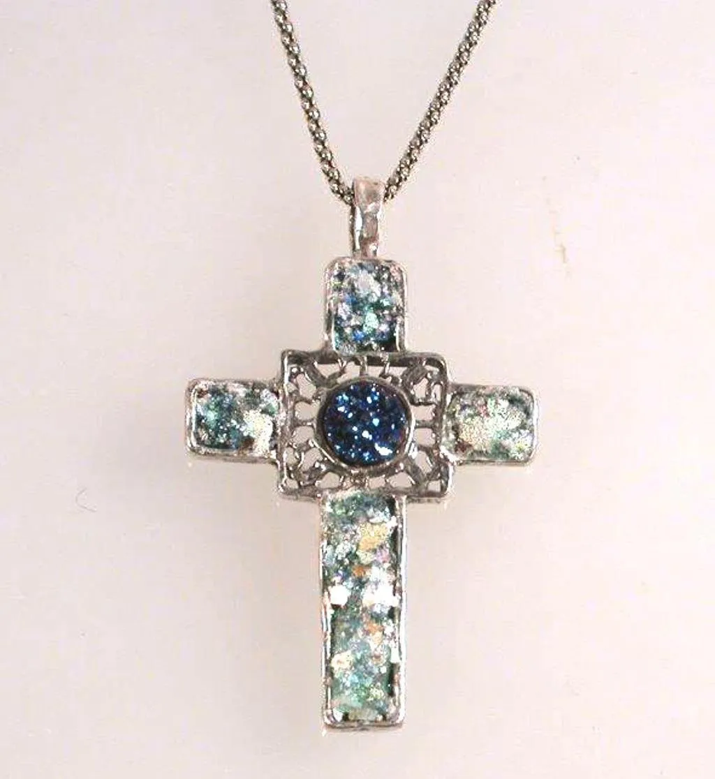 Christian Cross pendant, Sterling Silver Hammered cross, Cross Roman Glass and Gemstones