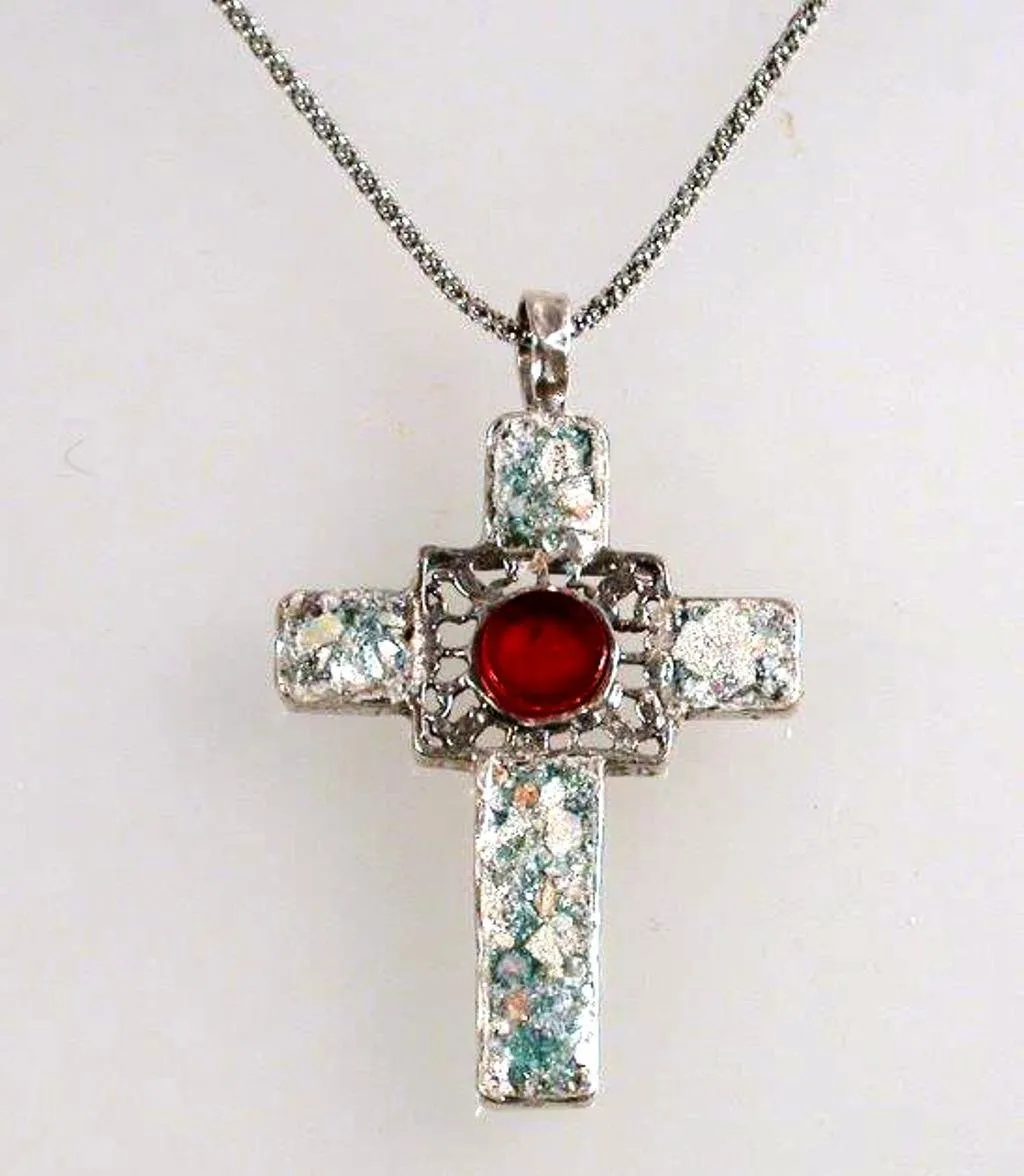 Christian Cross pendant, Sterling Silver Hammered cross, Cross Roman Glass and Gemstones
