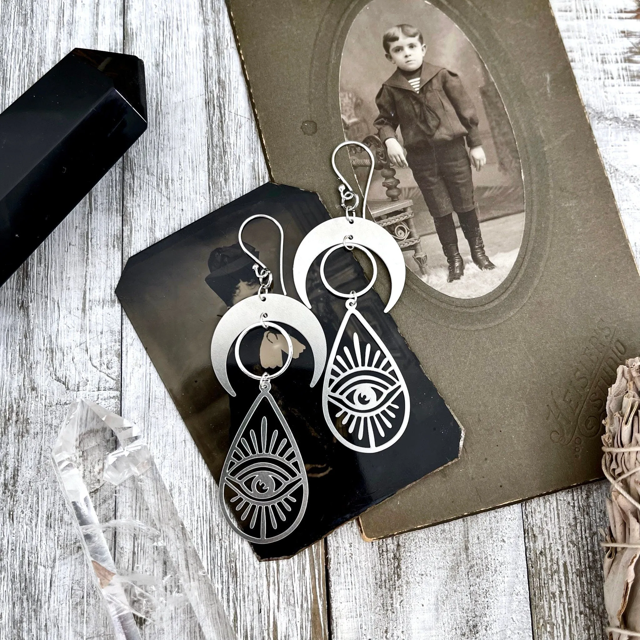 Crescent Moon and Eye Earrings Sterling Silver & Stainless Steel Earringsv/  Evil Eye Moon Earrings  - Long Dangly Geometric Earrings