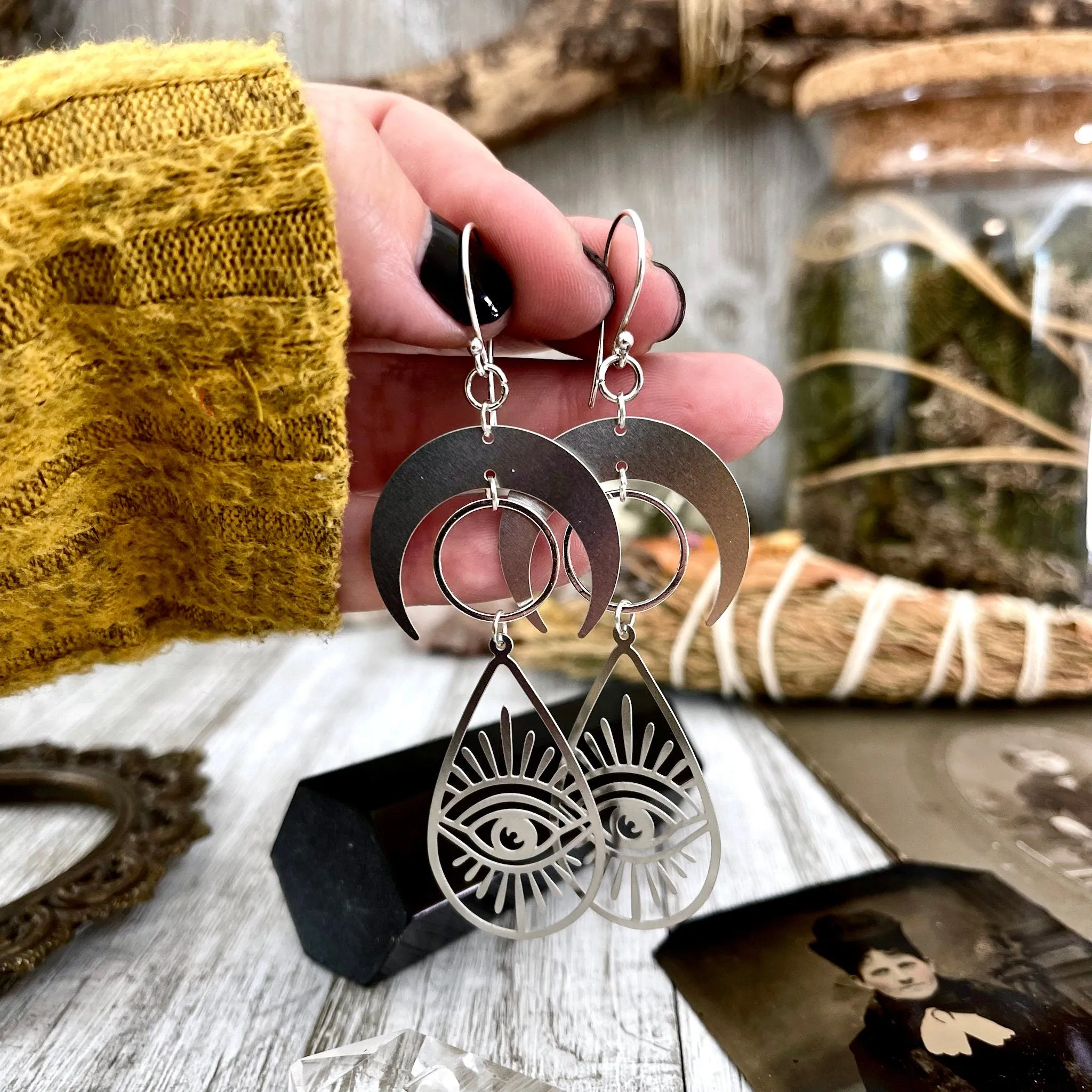 Crescent Moon and Eye Earrings Sterling Silver & Stainless Steel Earringsv/  Evil Eye Moon Earrings  - Long Dangly Geometric Earrings