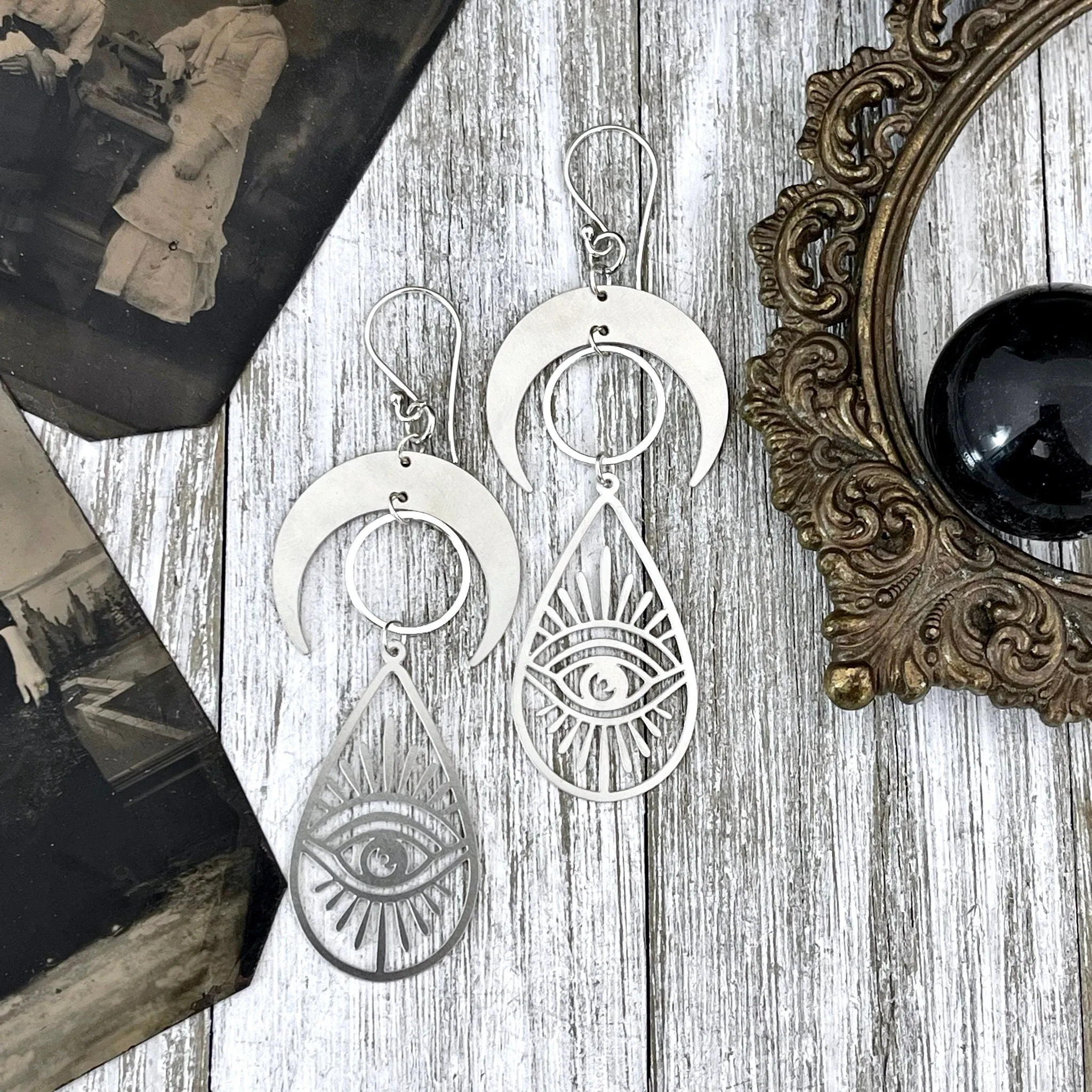 Crescent Moon and Eye Earrings Sterling Silver & Stainless Steel Earringsv/  Evil Eye Moon Earrings  - Long Dangly Geometric Earrings