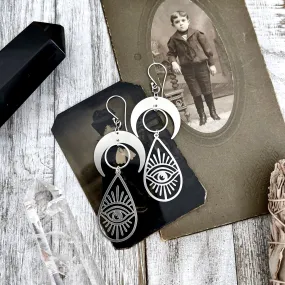 Crescent Moon and Eye Earrings Sterling Silver & Stainless Steel Earringsv/  Evil Eye Moon Earrings  - Long Dangly Geometric Earrings