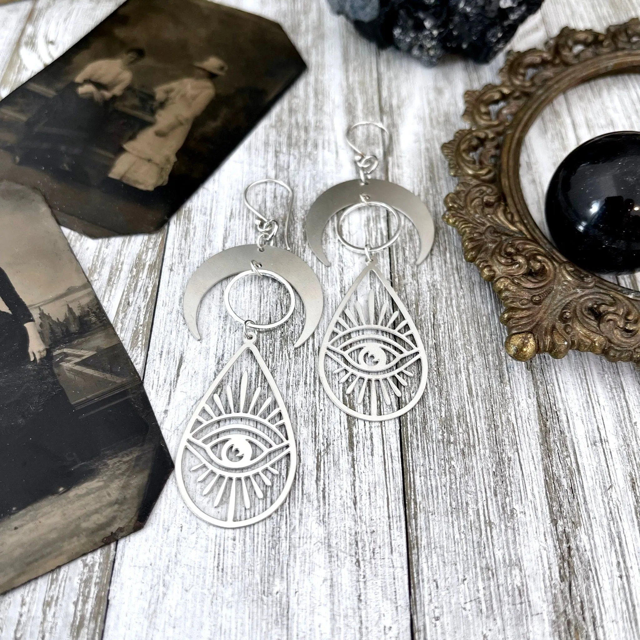 Crescent Moon and Eye Earrings Sterling Silver & Stainless Steel Earringsv/  Evil Eye Moon Earrings  - Long Dangly Geometric Earrings