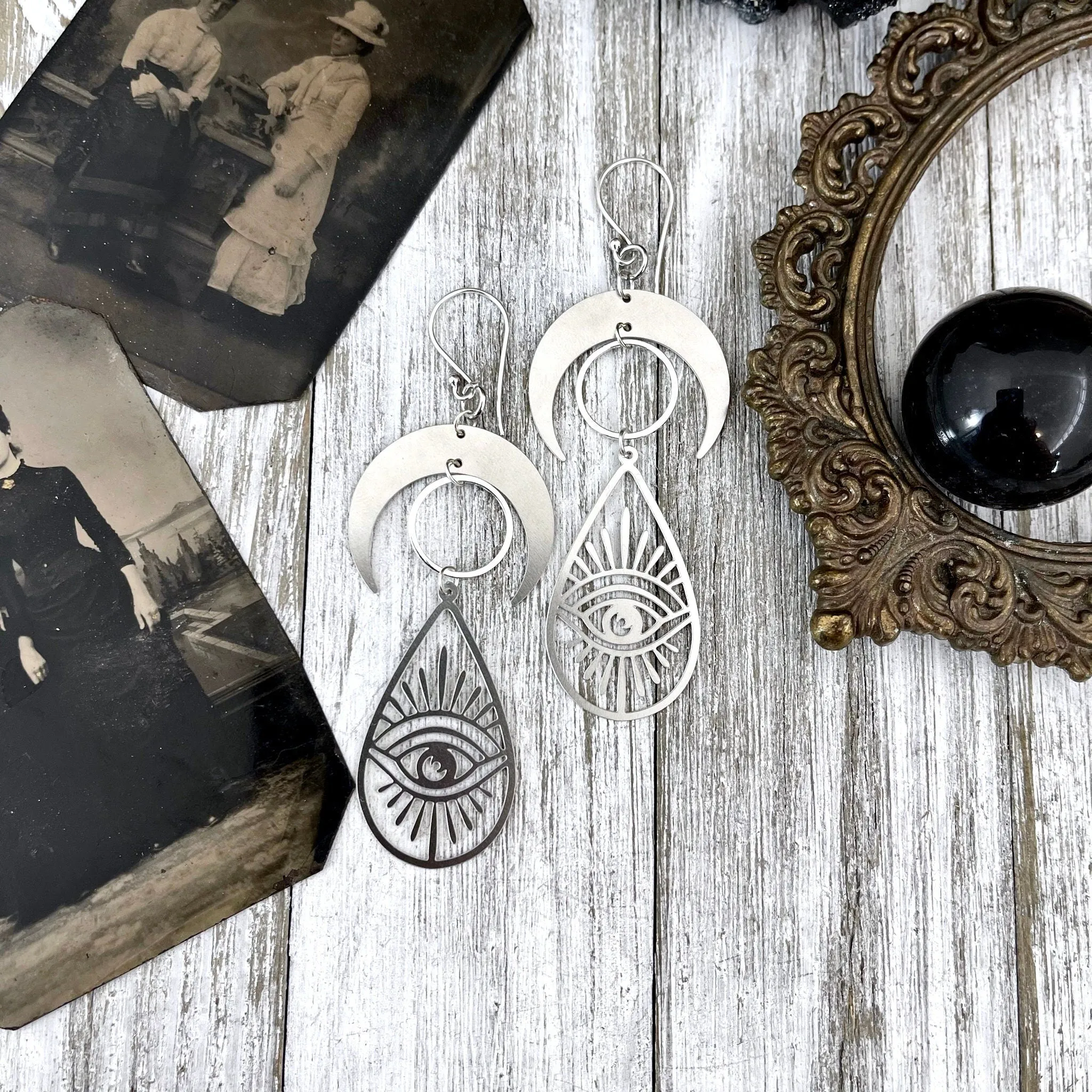 Crescent Moon and Eye Earrings Sterling Silver & Stainless Steel Earringsv/  Evil Eye Moon Earrings  - Long Dangly Geometric Earrings