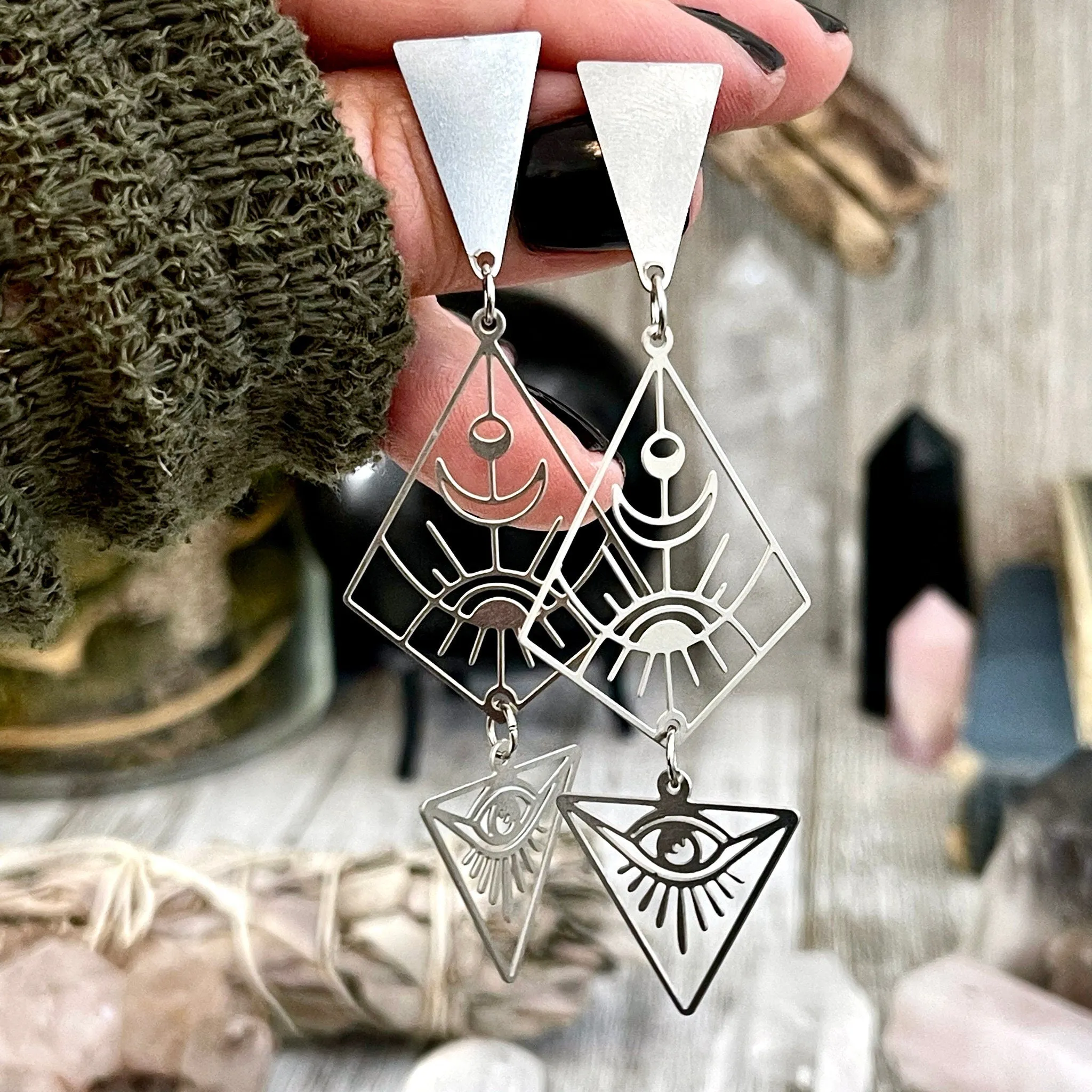 Geometric Moon and Eye Earrings / Stainless Steel Long Dangly Geometric Earrings