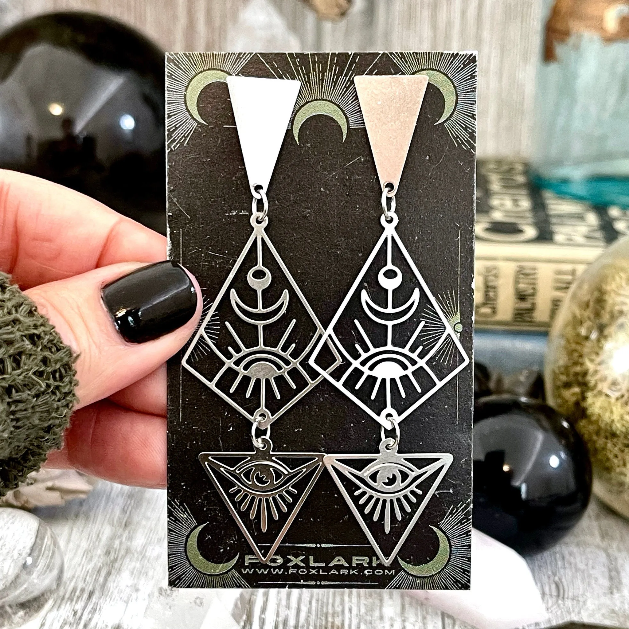 Geometric Moon and Eye Earrings / Stainless Steel Long Dangly Geometric Earrings