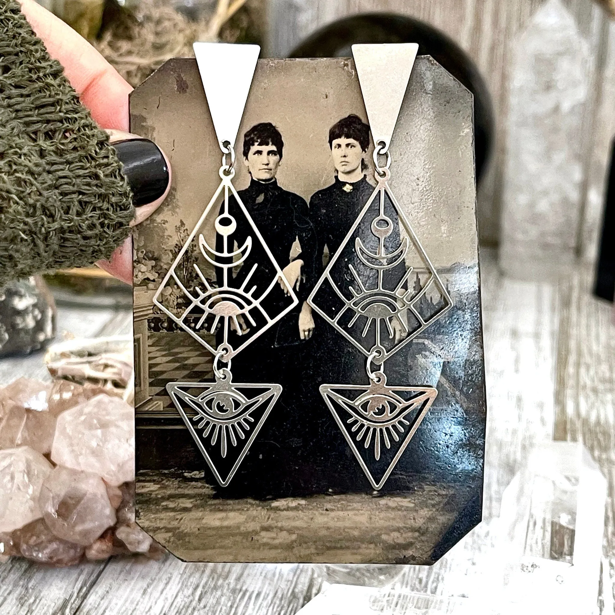 Geometric Moon and Eye Earrings / Stainless Steel Long Dangly Geometric Earrings