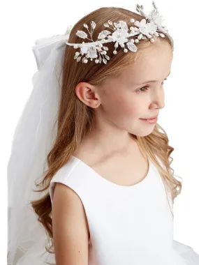 Girls White Elegant Pearl Rhinestone Communion Flower Girl Tiara Crown Veil