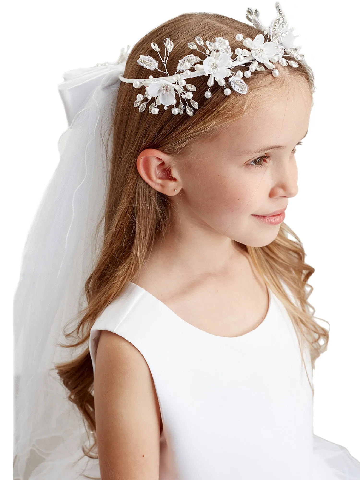 Girls White Elegant Pearl Rhinestone Communion Flower Girl Tiara Crown Veil