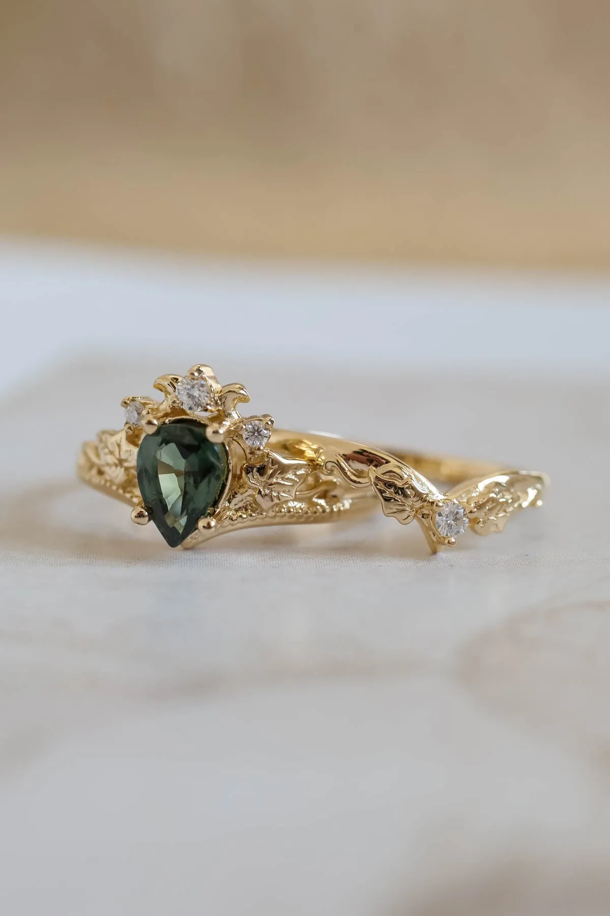 Green sapphire engagement ring set, tiara ring with diamonds / Ariadne