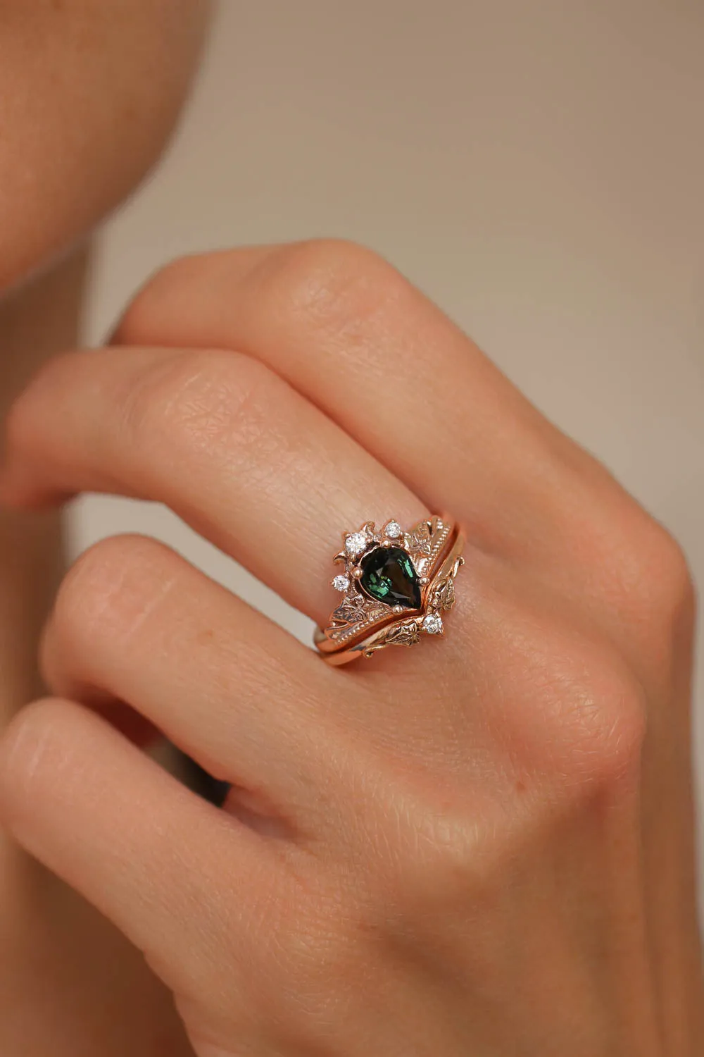 Green sapphire engagement ring set, tiara ring with diamonds / Ariadne