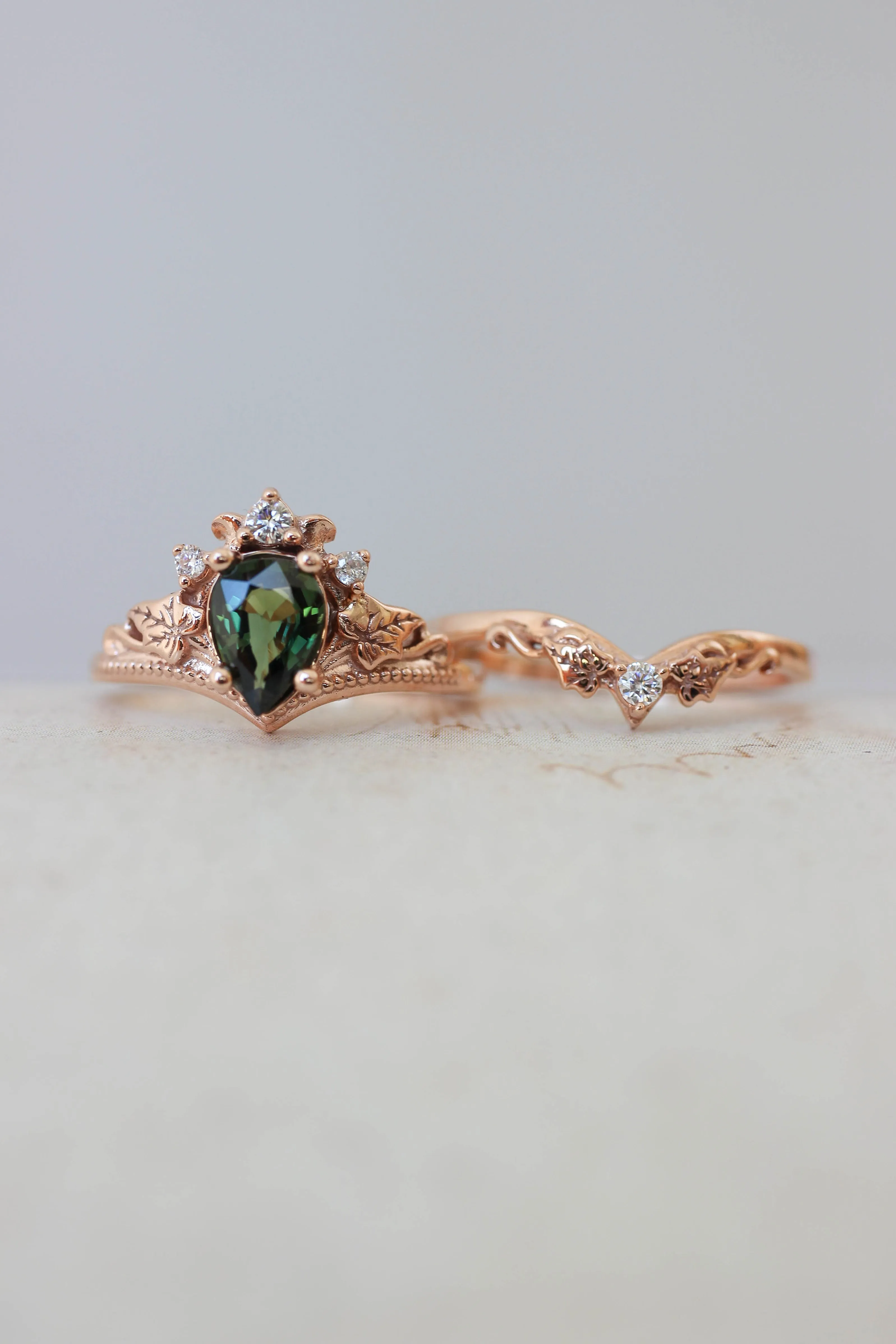 Green sapphire engagement ring set, tiara ring with diamonds / Ariadne