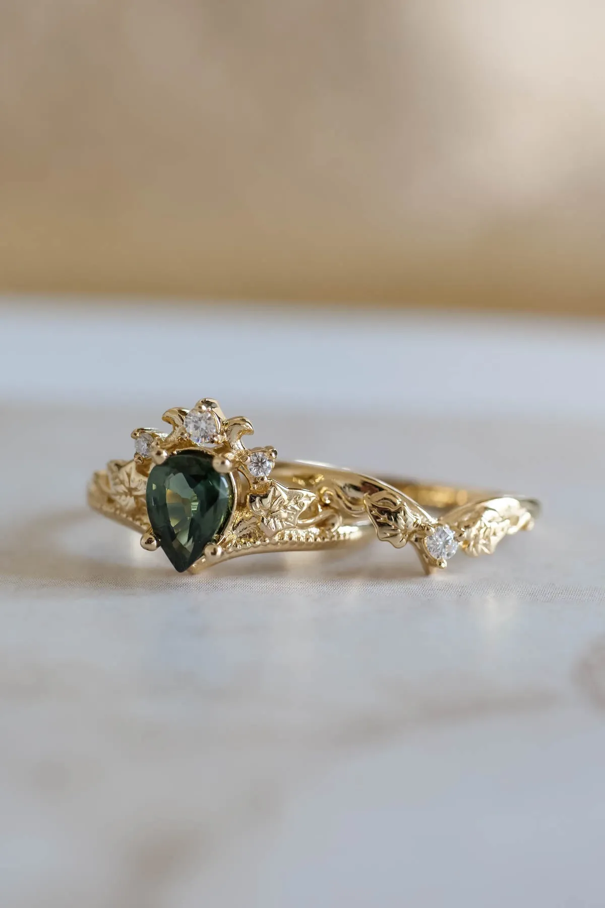 Green sapphire engagement ring set, tiara ring with diamonds / Ariadne