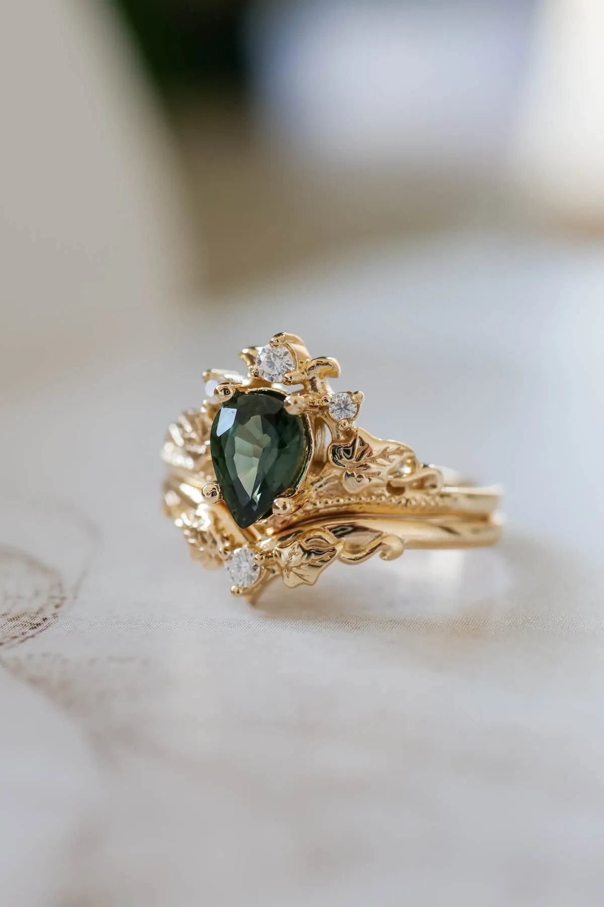Green sapphire engagement ring set, tiara ring with diamonds / Ariadne
