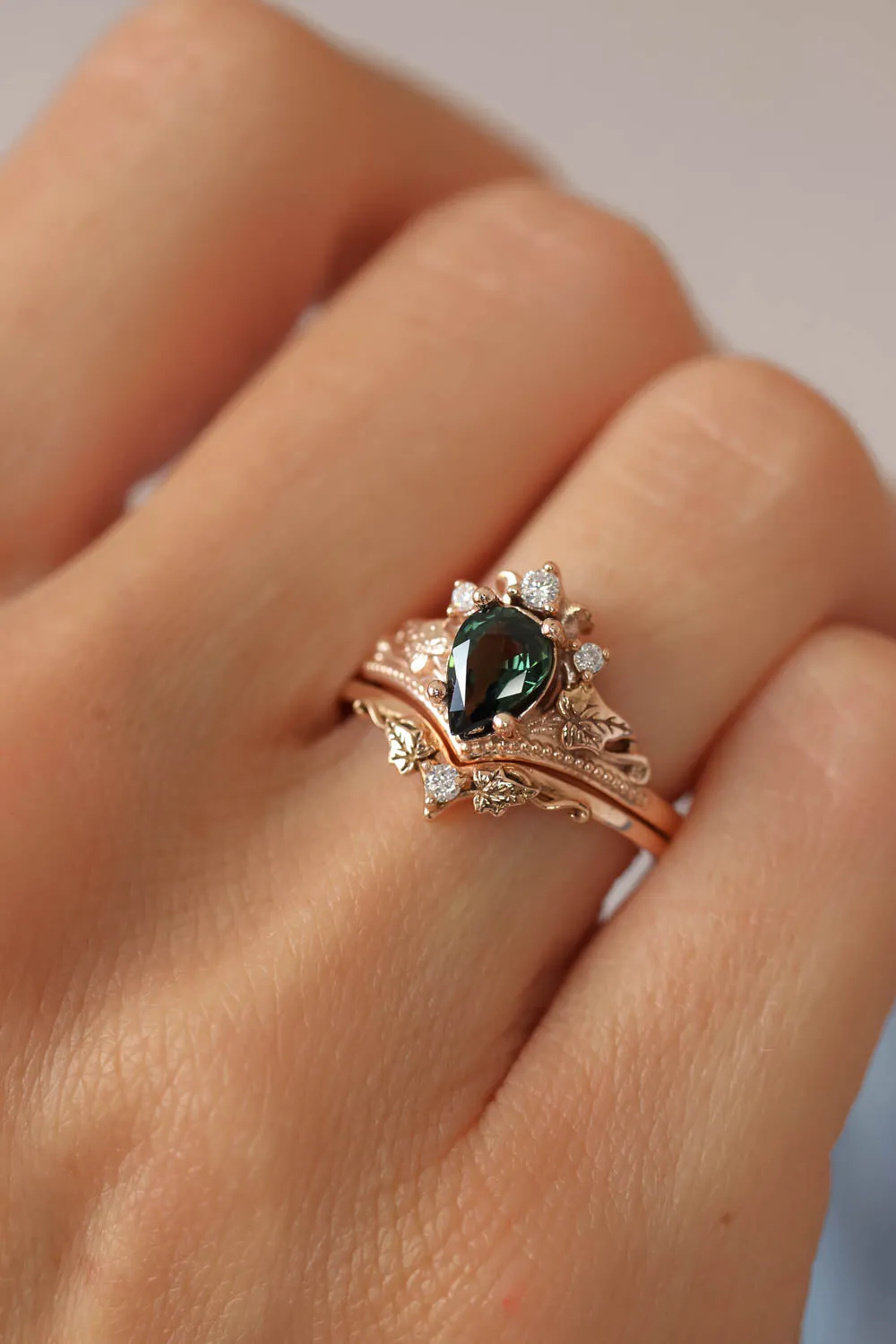 Green sapphire engagement ring set, tiara ring with diamonds / Ariadne
