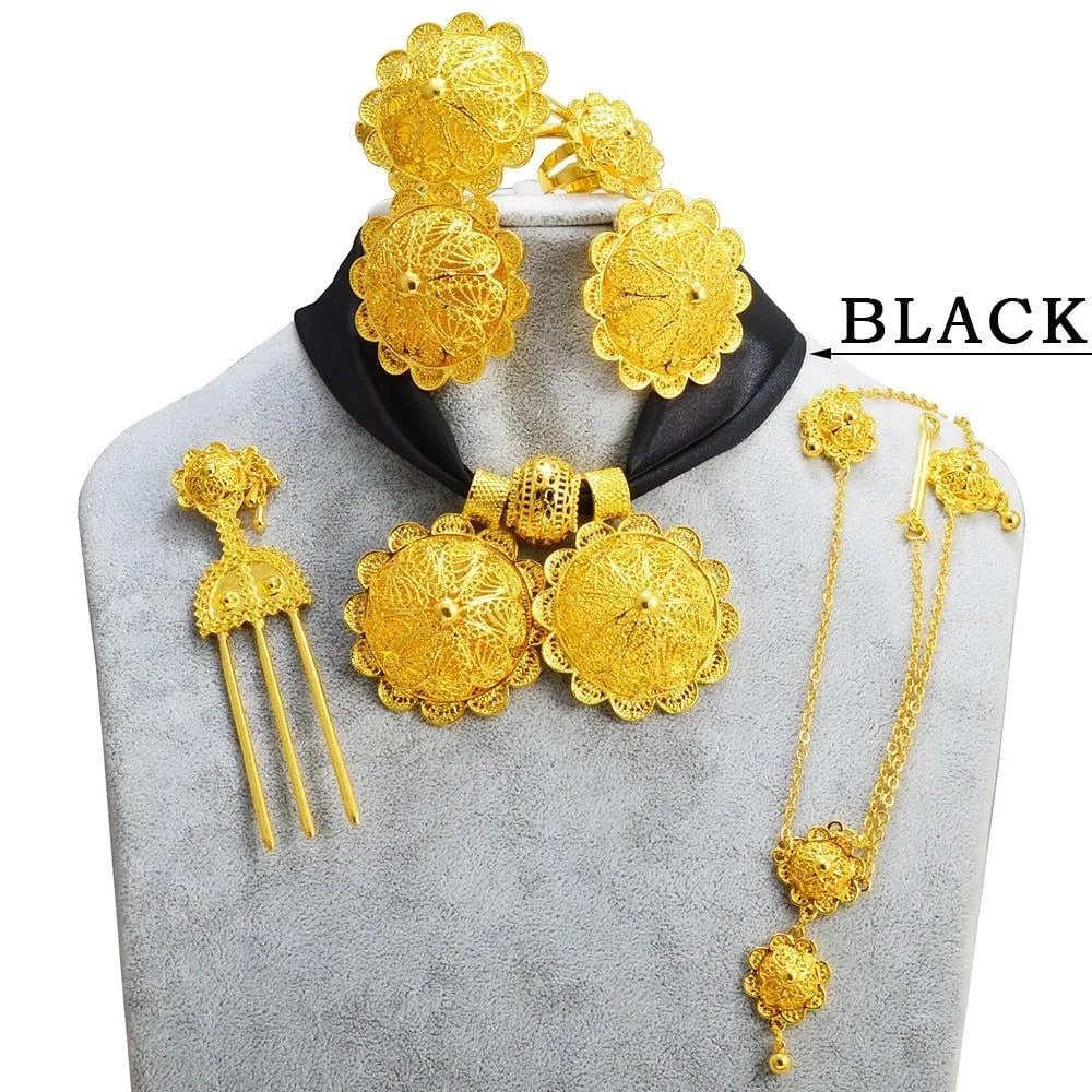 Habesha Eritrea  Ethiopian Traditional Jewelry | Eritrean Jewelry Set for Women | 6-Piece Ethiopian African Wedding Jewelry Collection Featuring Earrings, Necklace Pendant, Ring, Bangle, Hair Chain, and Hairpin.