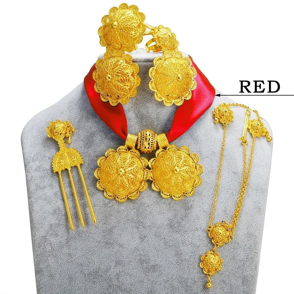 Habesha Eritrea  Ethiopian Traditional Jewelry | Eritrean Jewelry Set for Women | 6-Piece Ethiopian African Wedding Jewelry Collection Featuring Earrings, Necklace Pendant, Ring, Bangle, Hair Chain, and Hairpin.