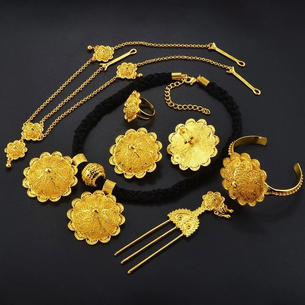 Habesha Eritrea  Ethiopian Traditional Jewelry | Eritrean Jewelry Set for Women | 6-Piece Ethiopian African Wedding Jewelry Collection Featuring Earrings, Necklace Pendant, Ring, Bangle, Hair Chain, and Hairpin.