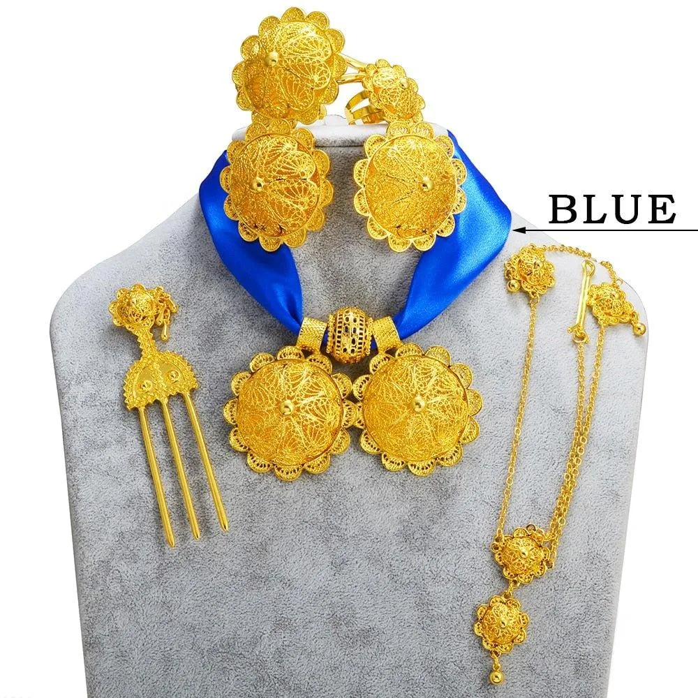 Habesha Eritrea  Ethiopian Traditional Jewelry | Eritrean Jewelry Set for Women | 6-Piece Ethiopian African Wedding Jewelry Collection Featuring Earrings, Necklace Pendant, Ring, Bangle, Hair Chain, and Hairpin.