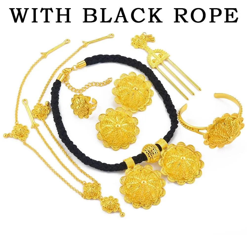 Habesha Eritrea  Ethiopian Traditional Jewelry | Eritrean Jewelry Set for Women | 6-Piece Ethiopian African Wedding Jewelry Collection Featuring Earrings, Necklace Pendant, Ring, Bangle, Hair Chain, and Hairpin.