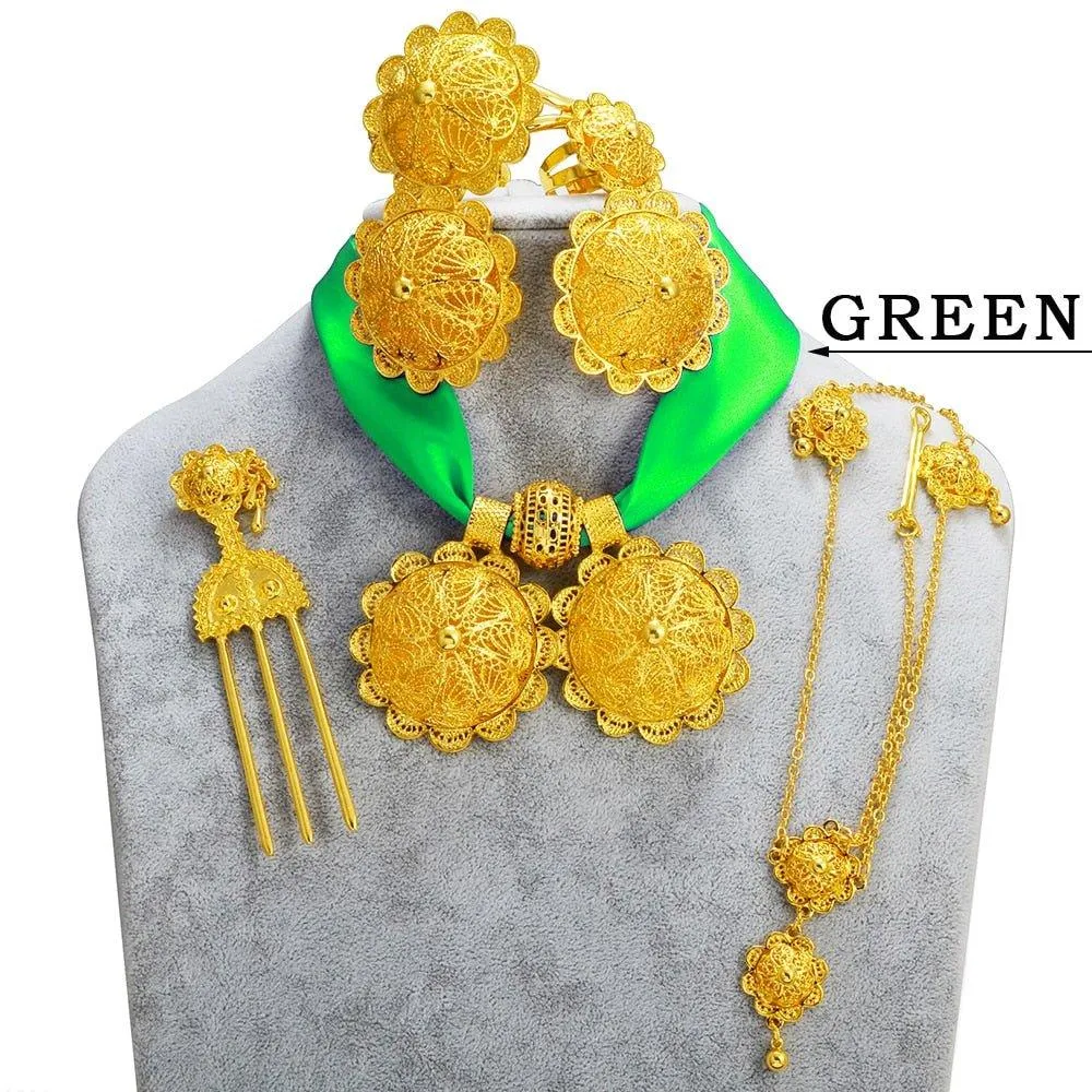 Habesha Eritrea  Ethiopian Traditional Jewelry | Eritrean Jewelry Set for Women | 6-Piece Ethiopian African Wedding Jewelry Collection Featuring Earrings, Necklace Pendant, Ring, Bangle, Hair Chain, and Hairpin.